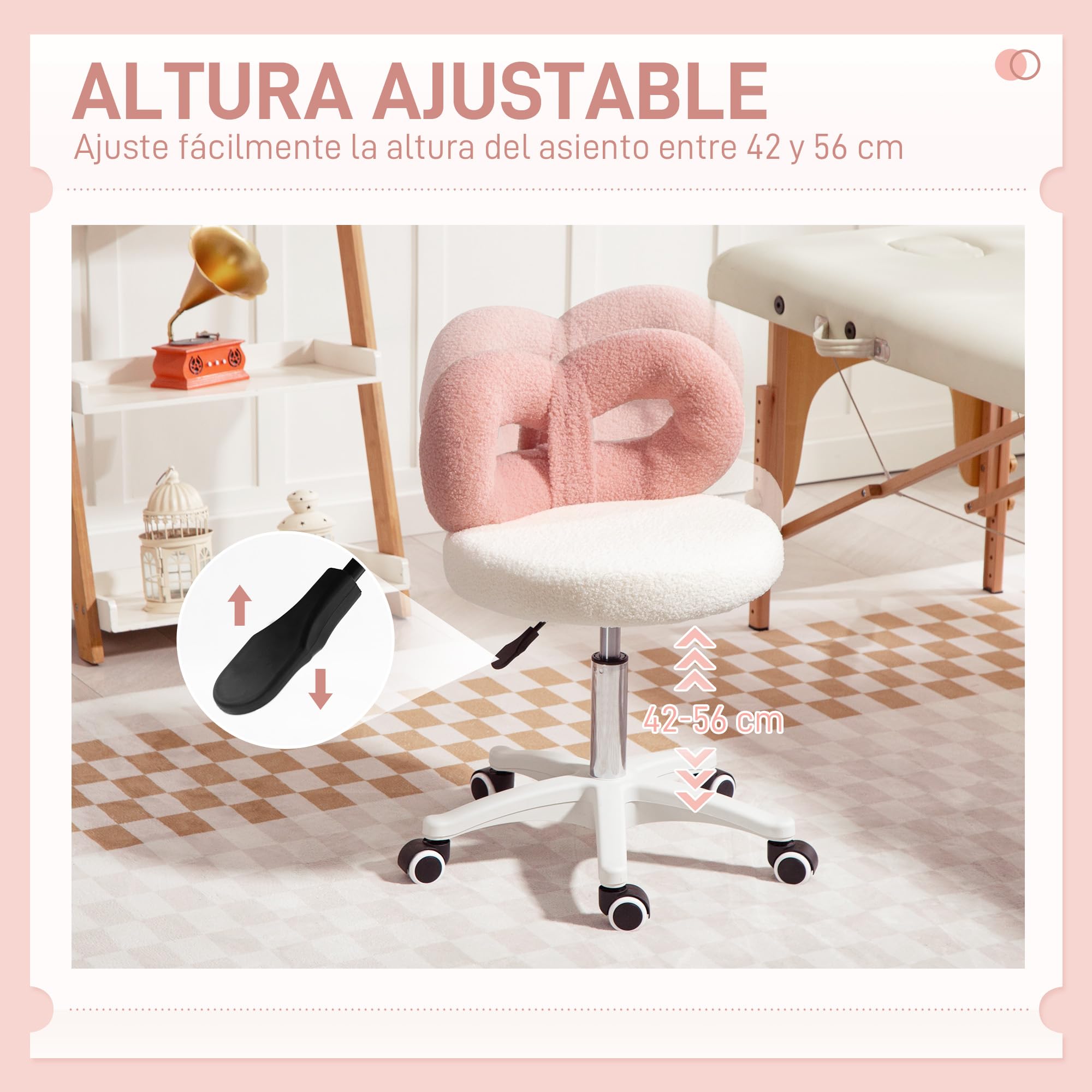 HOMCOM Taburete Giratorio con Respaldo con Ruedas 63-77 cm Blanco y Rosa | Taburete con Ruedas, Altura Regulable, Tapizado en Tejido de Borreguito, para Oficina Tocador Salones Talleres Spa Masaje