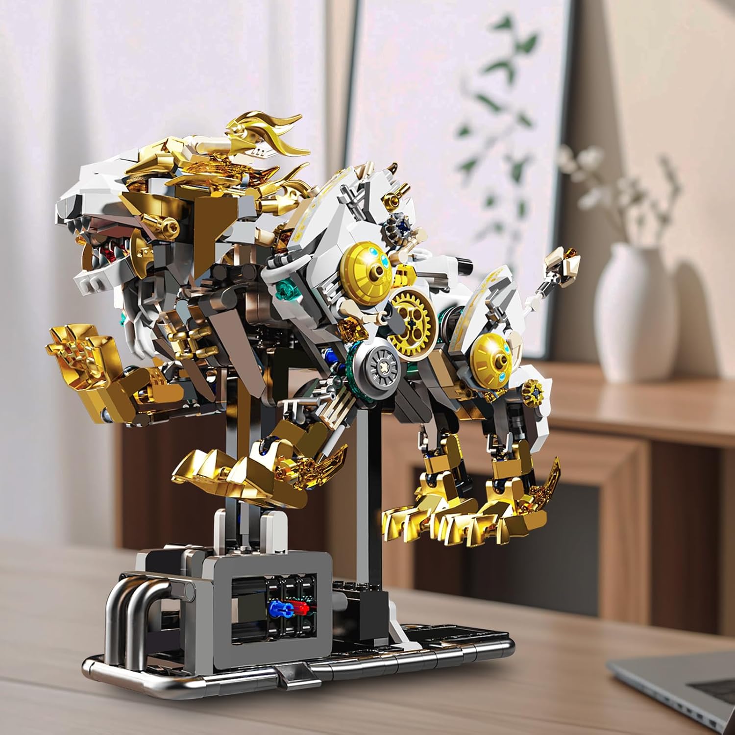 Mechanical Lion Building Block Set, Movable Animal Collection Toy with Display Stand and Light for Home Office Decor, STEM Lion Building Toy Gifts for Adults Boys Girls Ages 12 13 14 (1073PCS)