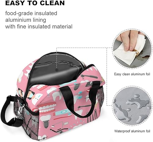 Miniatura 7 de Lonchera aislada, bolsa de almuerzo pequeña con soporte para botella de agua, correa de hombro ajustable y extraíble, diseño dental sin costuras,