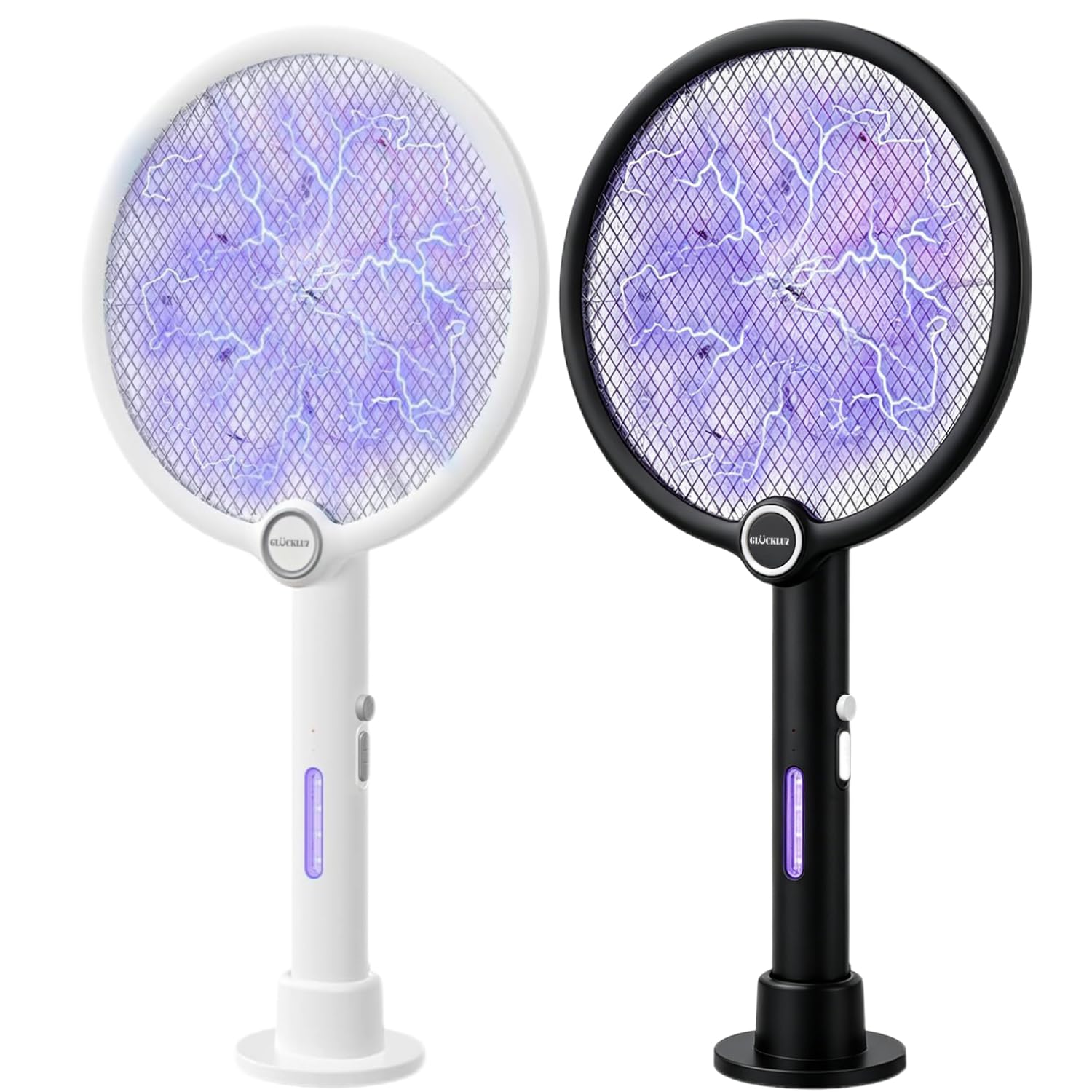 Glückluz Electric Fly Swatter,2-in-1 Mosquito USB Rechargeable Zapper, 1800mAh Foldable Bug Zapper Racket, 3800V Fly Killer Swatter and Mosquito Lamp (1 White + 1 Black)