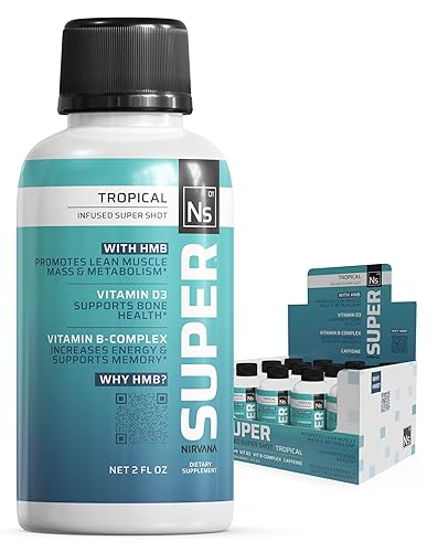 Nirvana Super Shots - Sabor tropical - 2 onzas líquidas - Infusiones energéticas con infusión de HMB con vitamina D3, complejo B y cafeína - Ayuda a