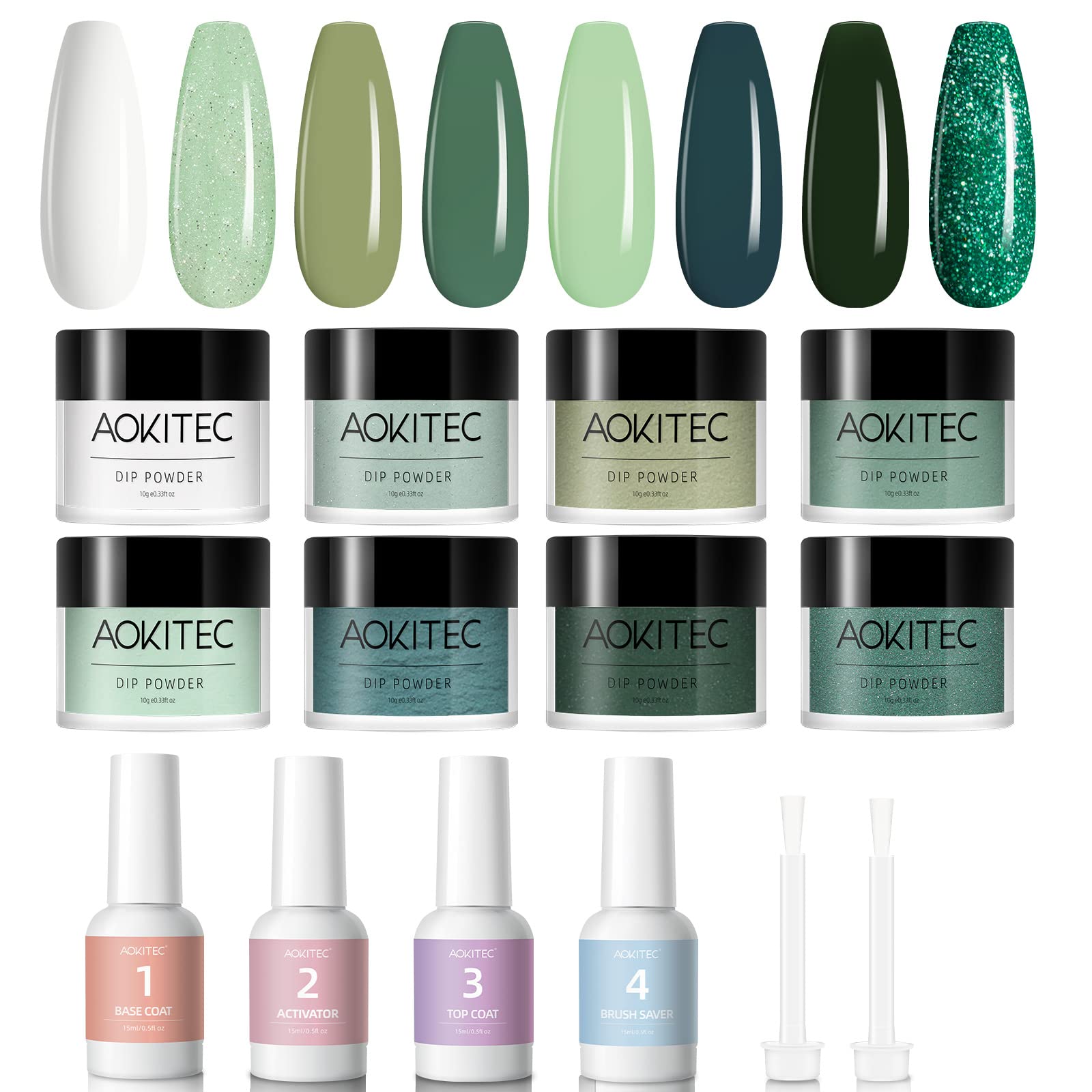 Aokitec 8 Colors Dip Powder Kit With Dip Powder Liquid Set 0.5oz Acrylic Dipping Powder Gel Base & Top Coat Activator Brush Saver Nail Dip liquid Kit 4+2Pcs Manicure Set for Home DIY & Salon Use