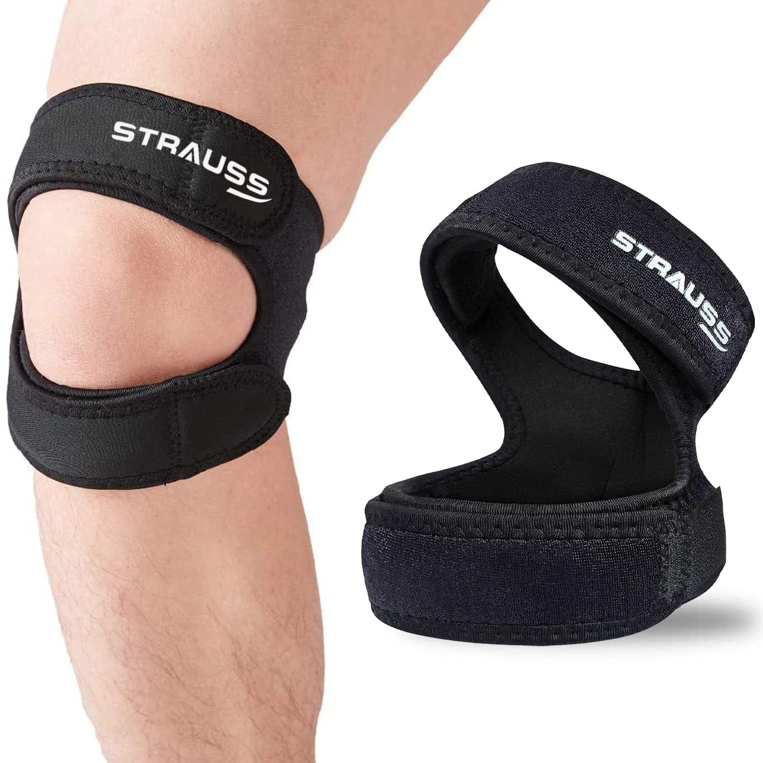 STRAUSS Adjustable Knee Support Patella (Dual Strap)| Compression Knee Brace for Men and Women | Breathable Material |Knee Straps for Gym, Fitness, Basketball, Injury Recovery, Running, Sports,(Black)