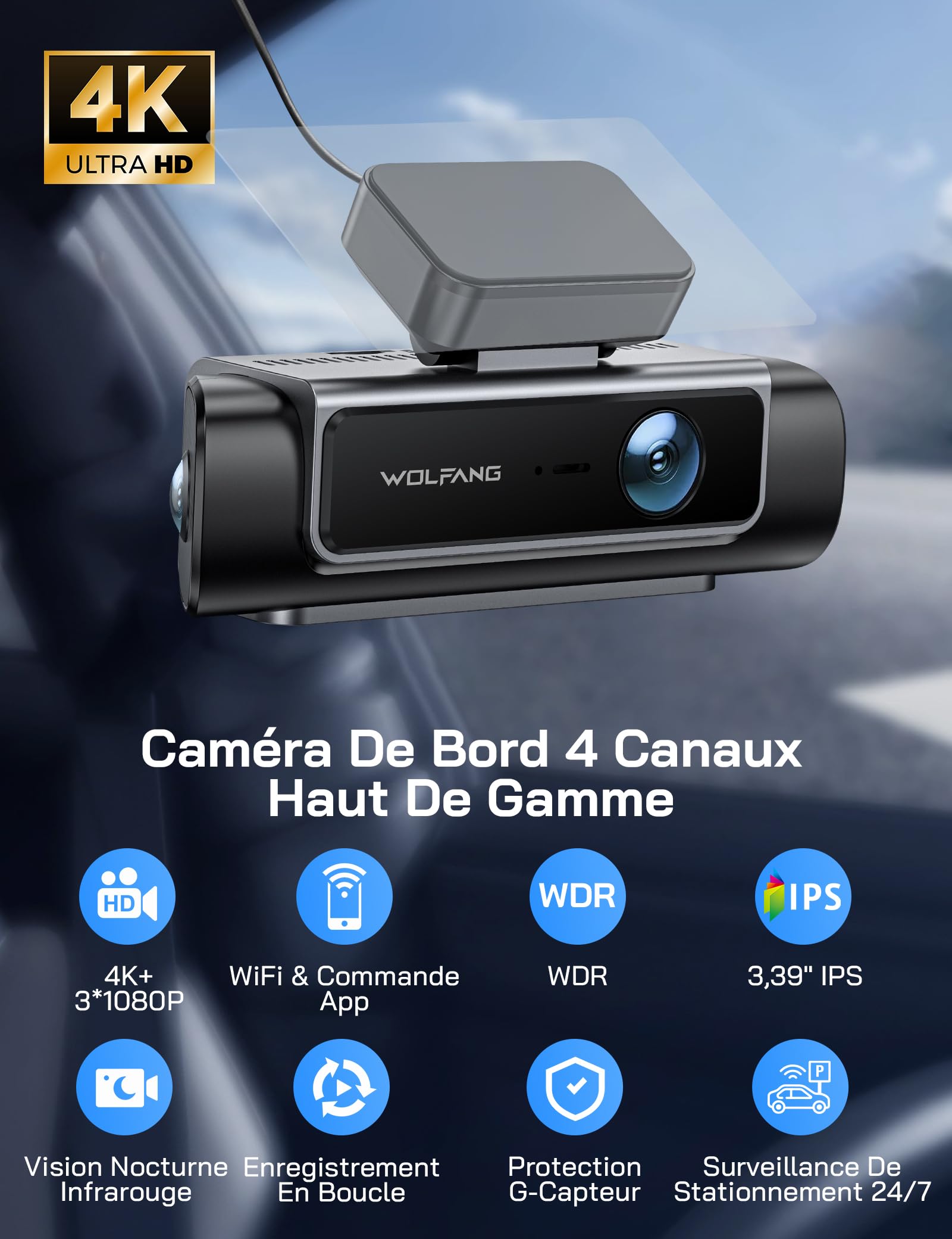 WOLFANG 4 Canaux Dashcam Voiture, Dashcam 4K Avant et 1080p*3, 24H Mode Parking, Caméra Embarquée 610°& 5.8GHz WiFi & Application, G-Capteur, WDR, Vision Nocturne, Enregistrement en Boucle