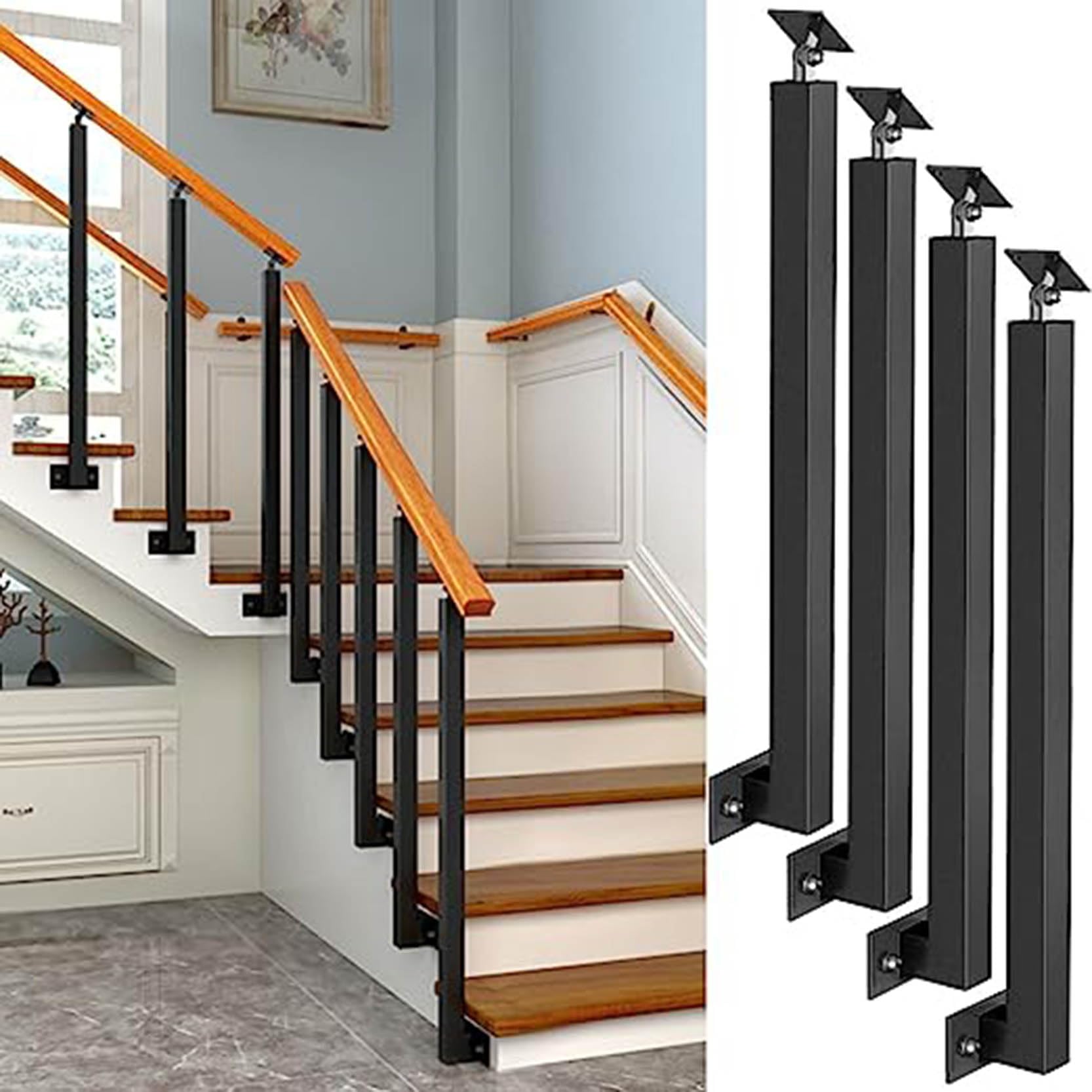 Postes de Barandilla de Escalera de Montaje Lateral, Kits de Barandilla de Metal Negro para Ático Cubierta Escalera Pasamanos Metal, Soportes Ajustables, Barandilla de E(Size:2.95ft/90cm,Color:4Pack)