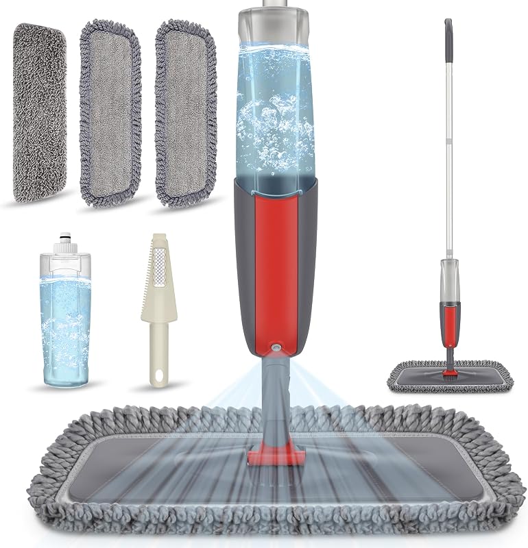 Trapeadores en aerosol para limpieza de pisos: Trapeador para pisos de madera con rociador recargable | Elimina el pelo de mascotas, 3 almohadillas lavables para Swiffer PowerMop, cabezal giratorio, trapeadores húmedos para polvo comerciales lavables, para vinilo de azulejos de madera