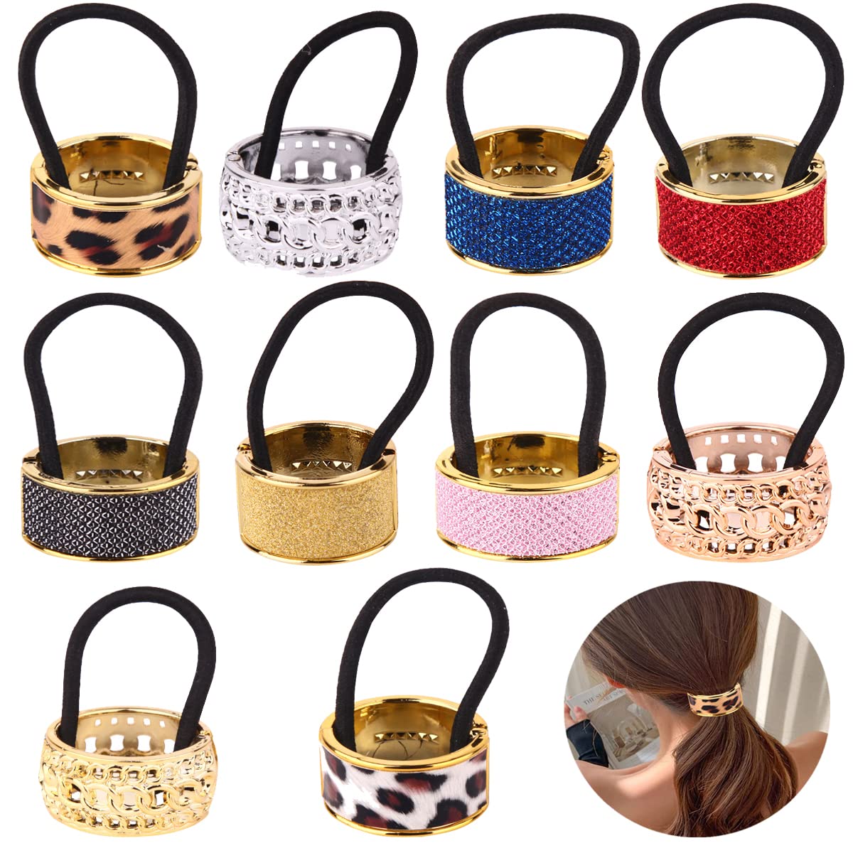 10 Pack Rhinestone Hair Ponytail Holder Ponytail Hair Cuff Elastic Hair Band Clip Glitter Punk Gothic Ponytail Holder for Women Girls