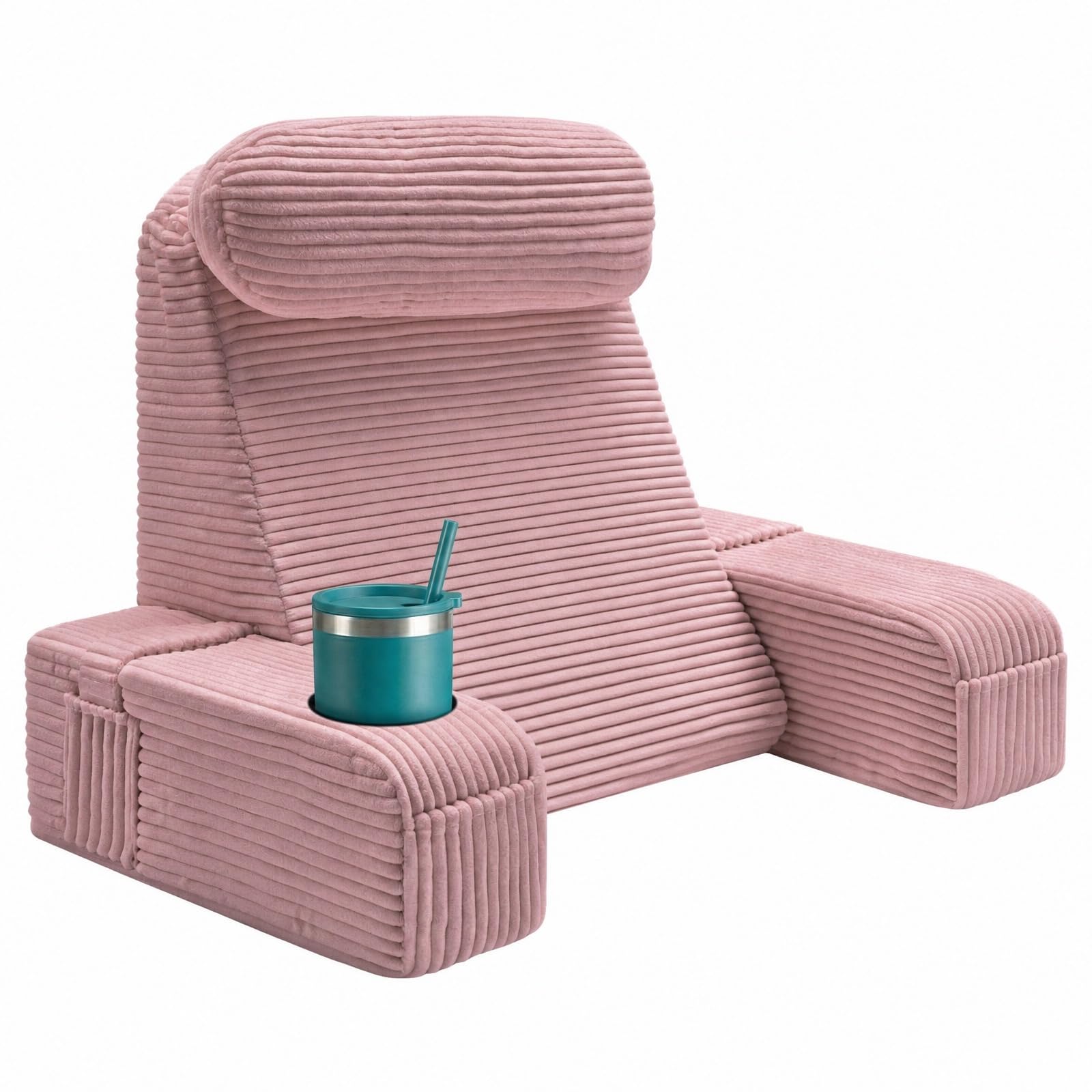 AS AWESLING Reading Pillow for Adults, Back Pillow for Bed Sitting Up, Backrest Cushion for Sitting in Bed, Detachable Arms with Built-in Cup & Phone Caddy (DUSTY PINK-CORDUROY, 19 INCH)