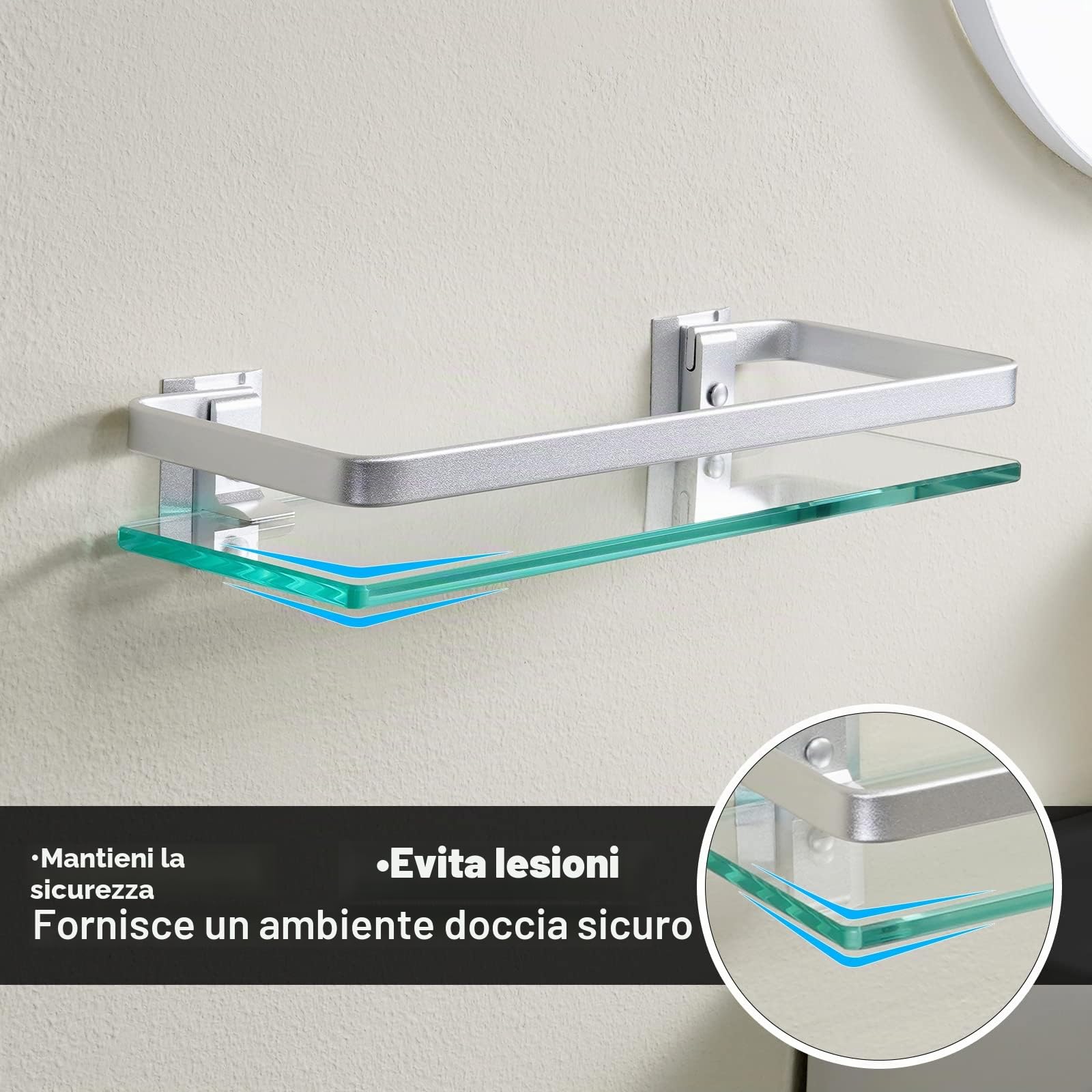 KES Mensola Bagno Mensole da Muro Vetro Mensola Dccia Vetro Temperato Rettangolare Alluminio Argento 2 Pacchi, A4126A-P2