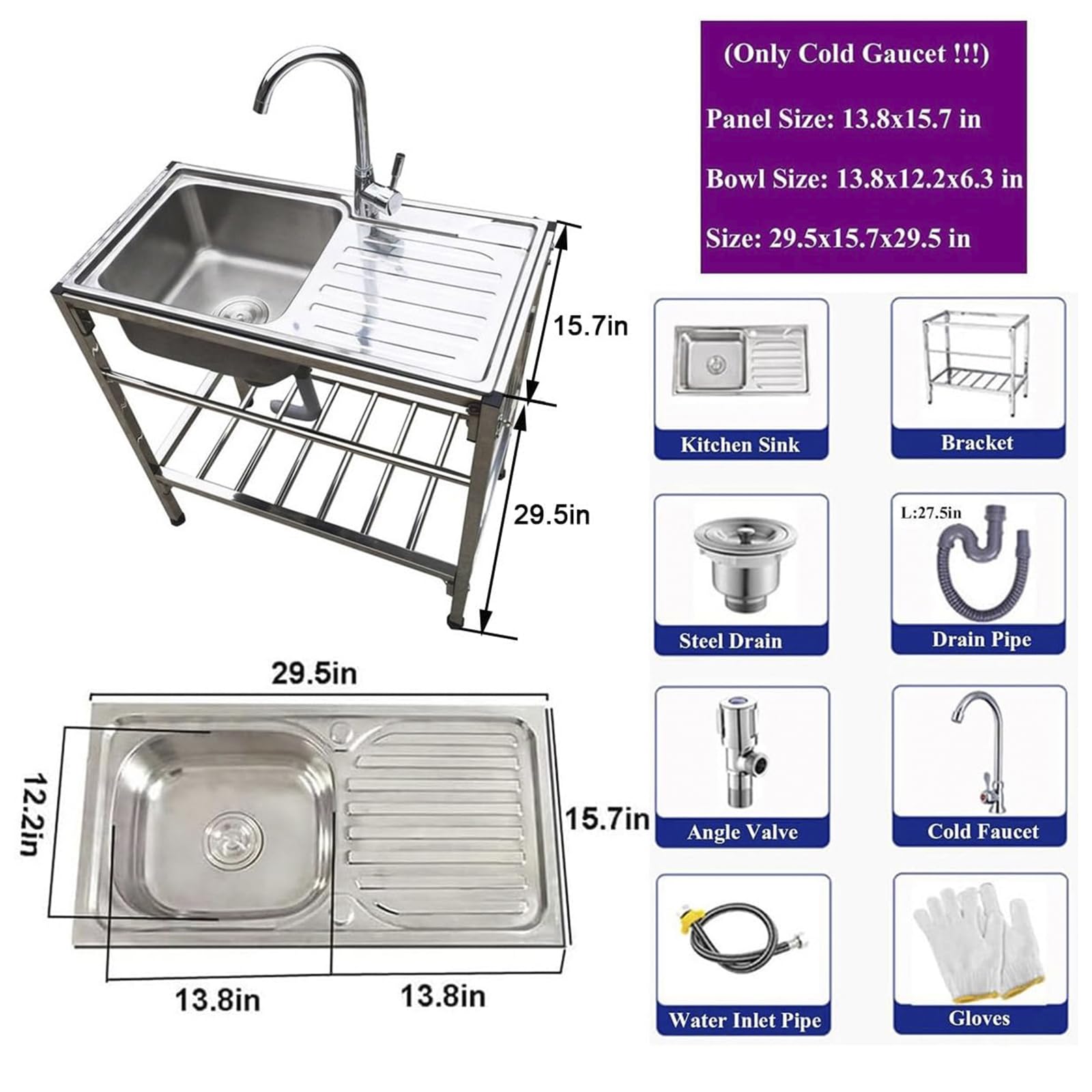 Lavello Da Esterno In Acciaio Inox - Portatile Con Rubinetto E Banco Da Lavoro, Per Giardino O Cucina - Foto 7