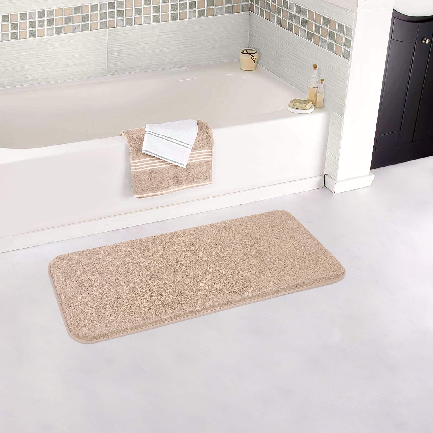 Bathroom Rugs Non-Slip Bath Mat Ultra Soft Absorbent Microfibers Bath Rugs Super Thick Plush Machine Washable Bath Mats Carpet for Bathroom Tub Shower Floor - 20"x48" (Beige)
