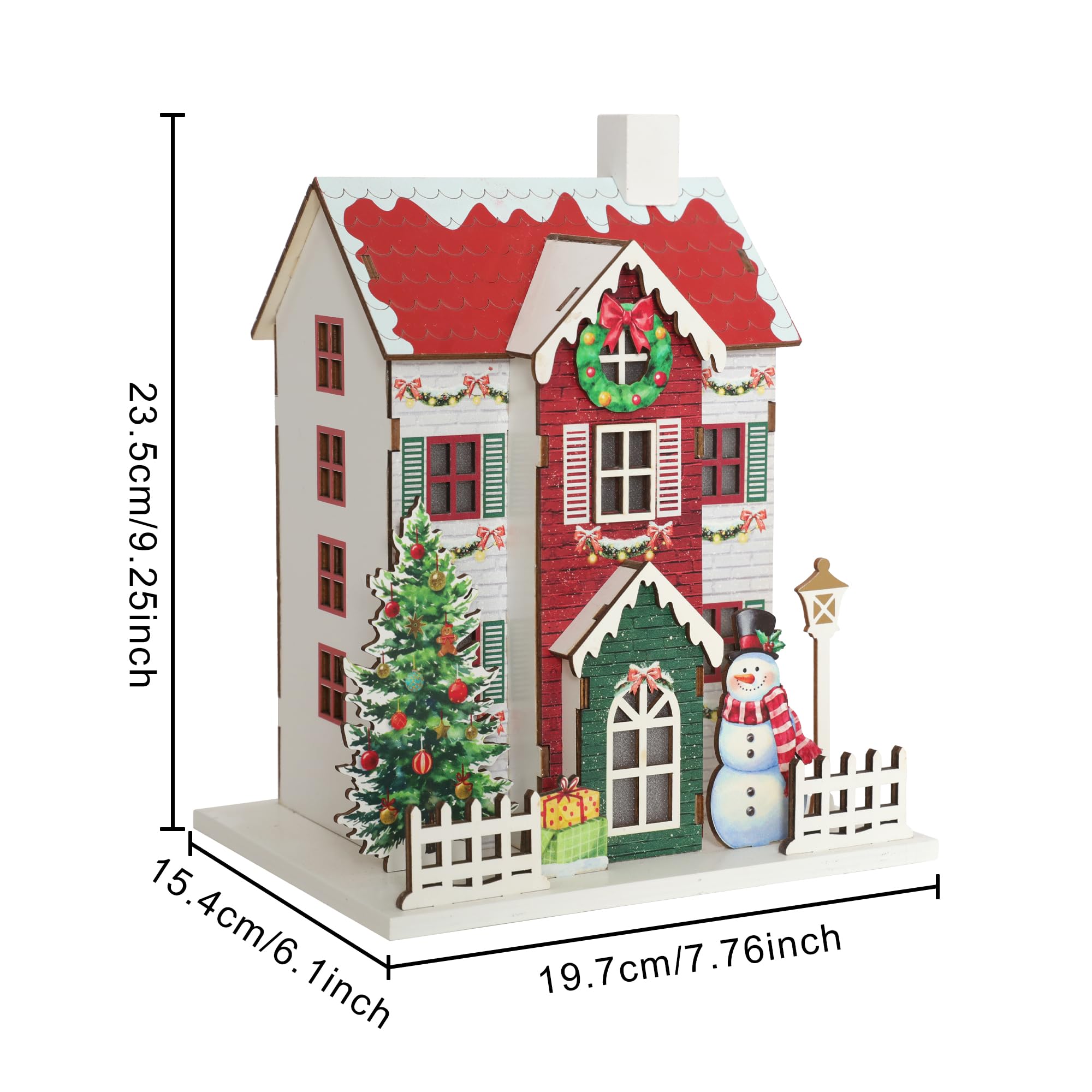 PE Maison de Noël Lumineuse Bois LED, 23.5cm Décoration Cheminée Ambiance, Fonctionne à Piles Figurine Village Hivernal, Cadeau de Noël (Piles Non Fournies).