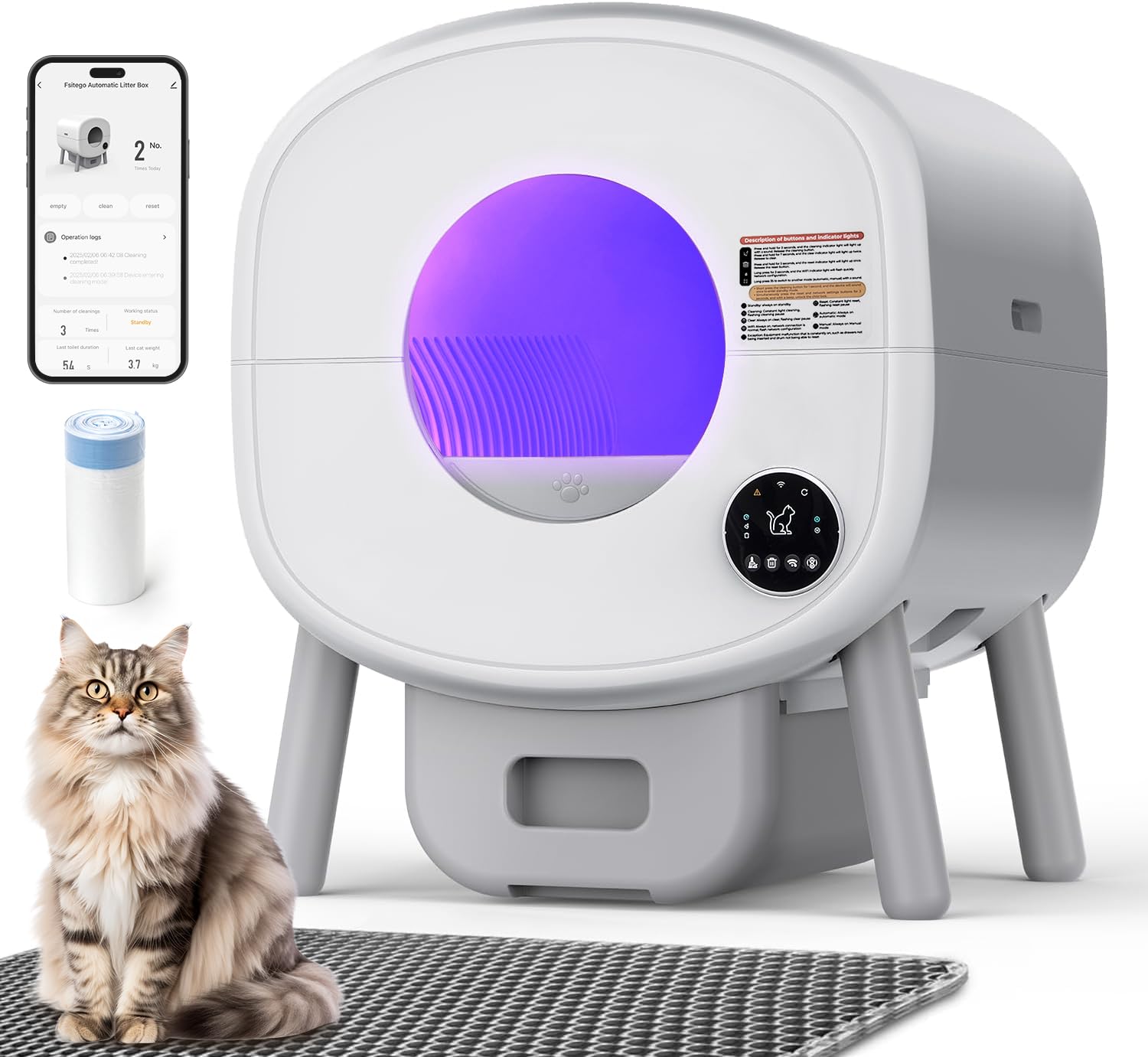 Fsitego Lettiera autopulente: lettiera automatica extra large autopulente per più gatti, inodore, controllata da app, smaltimento dei rifiuti di luce ambientale