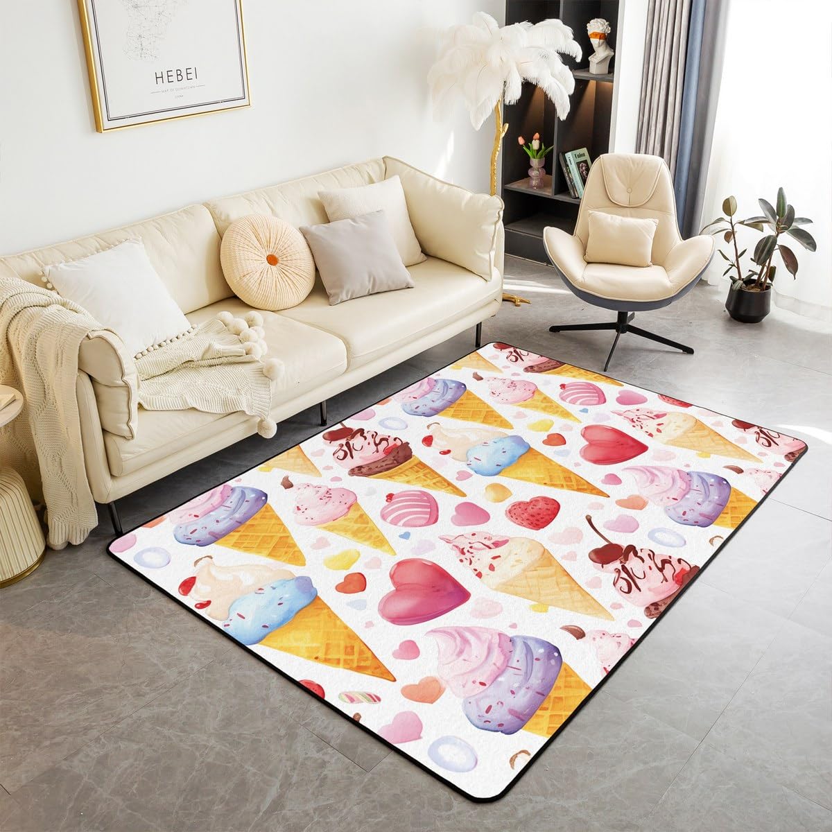 Feelyou Ice Cream Area Rug 5x7 Summer Food Print Indoor Floor Mat Colorful Decorative Carpet Dessert Theme Indoor Floor Mat