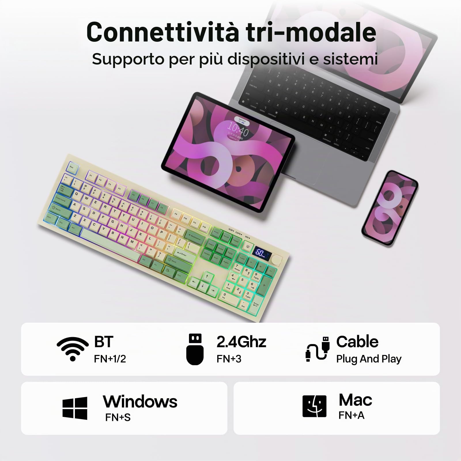 EPOMAKER AULA S102 PRO Tastiera da Gioco a Membrana con Schermo TFT, olume Knob & Number Pad, BT/2.4G/USB, RGB Backlit, Creamy Silicone Structure, Tastiera Silenziosa per Giochi PC/Ufficio (Retrò)