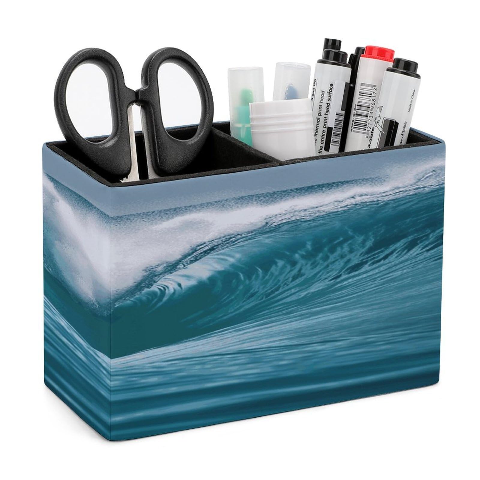 LDGSUPH Ocean Wave Leather Pen Holder for Desk Organizer Caddy Large Pencil Cup Multi-function Pencil Holder Makeup Brush Holders Pen Organizer for Home Office Storage Box