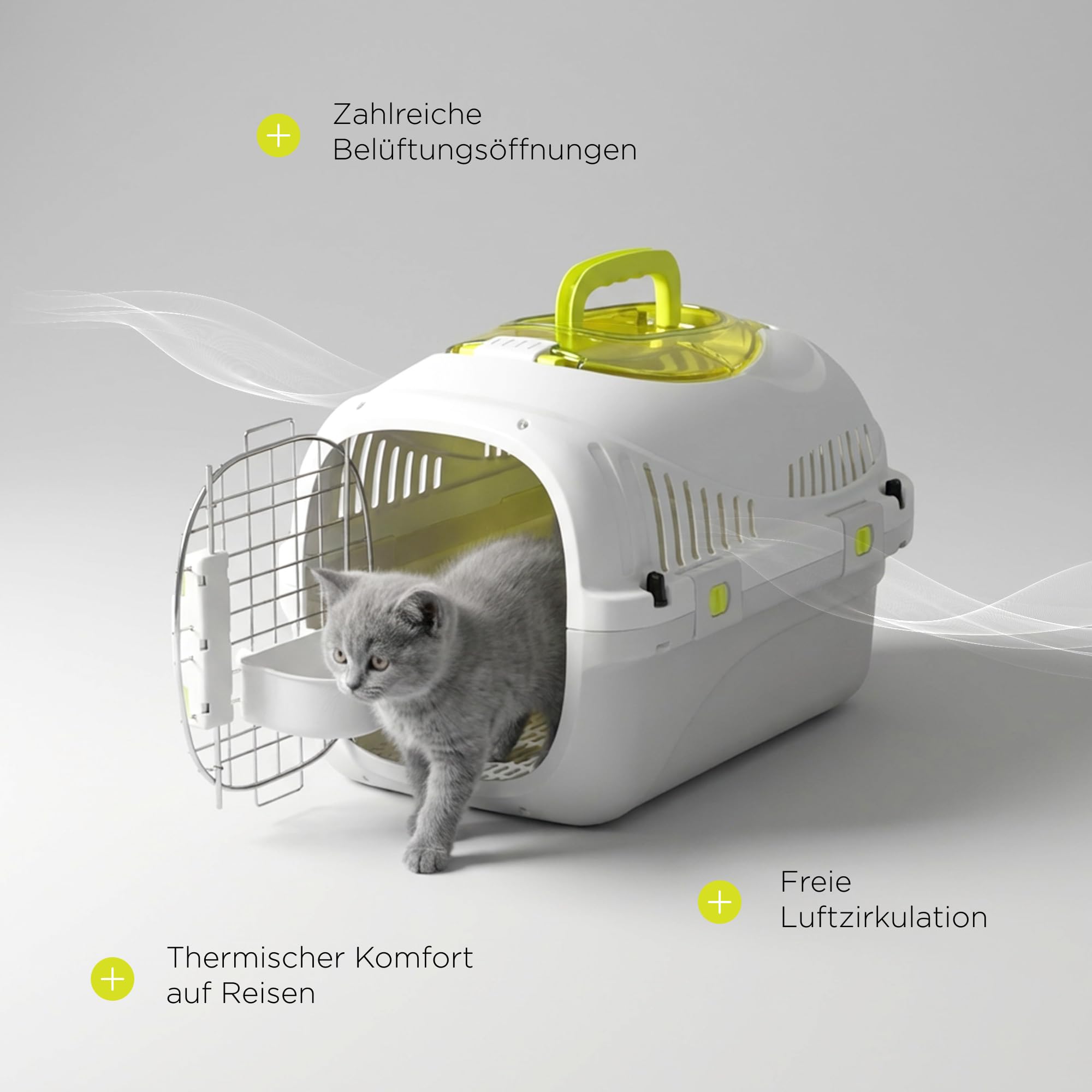 Peluvio Safy Katzentransportbox Hartschale mit Metalltür, Doppelsicherung und Belüftung, Sichtklappe Oben, Versenkbarer Tragegriff, Bodenrost Herausnehmbar für Hygieneeinlage, Napf, für Auto, bis 5 kg