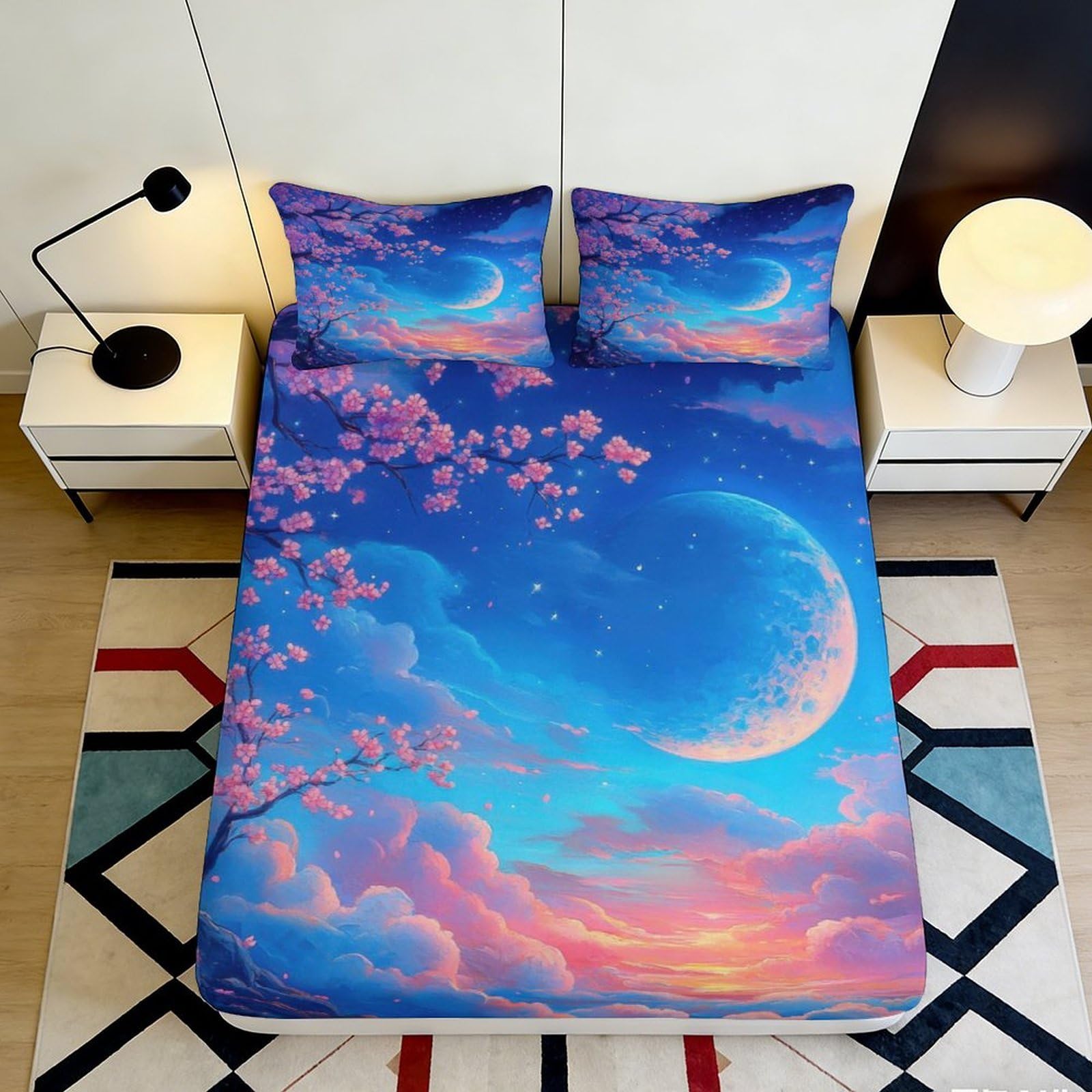Dhbaneiok Style-3 3D Printed Dreamy Blue Sunset Fitted Sheet Microfiber Soft Cherry Blossom Moon Mattress Cover For Bedroom Dorm Decor 90X200x25cm
