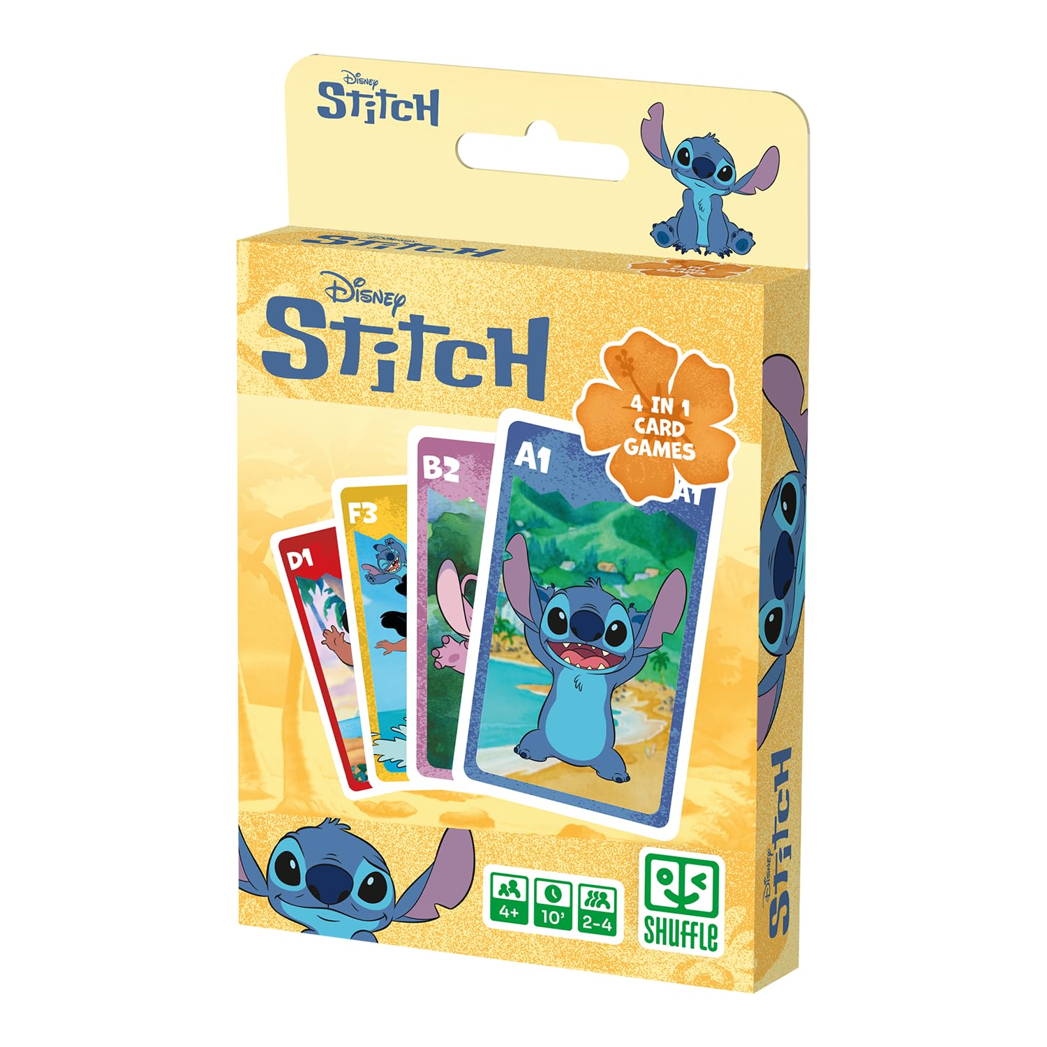 Shuffle – Gioco di carte 4 in 1 Stitch - 7 famiglie, battaglia, memo e azione - Gioco di carte Disney Lilo & Stitch per bambini, famiglia e amici - a partire da 4 anni, a partire da 2 giocatori