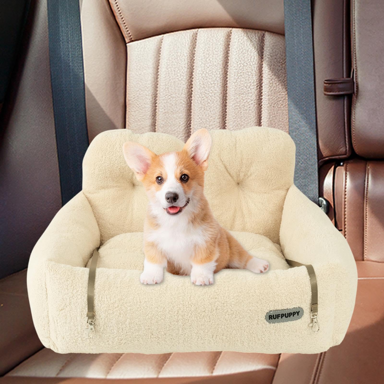 Asiento para Mascotas Cama SUV Coche Perro Asiento Lavable Antideslizante Correas Dobles Transportín Portátil Adecuado para Viaje Auto Acampada, Beige S
