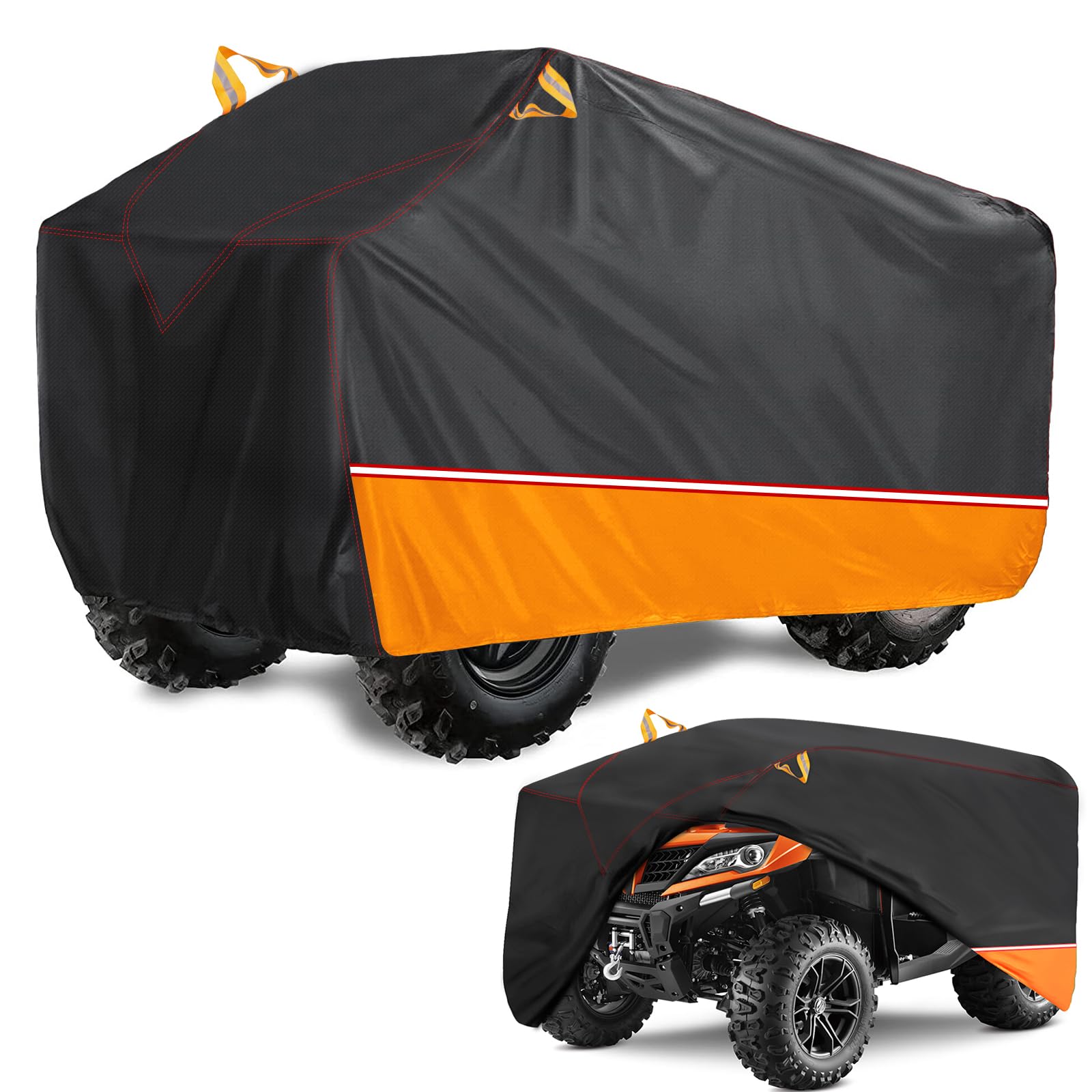 AUTOLION ATV Cover Waterproof,Heavy Duty Windproof Buckle,All Season Weatherproof Outdoor UV Protection Covers fit for Kawasak,Honda,Polaris,82"x48"x46"(Black&Orange)