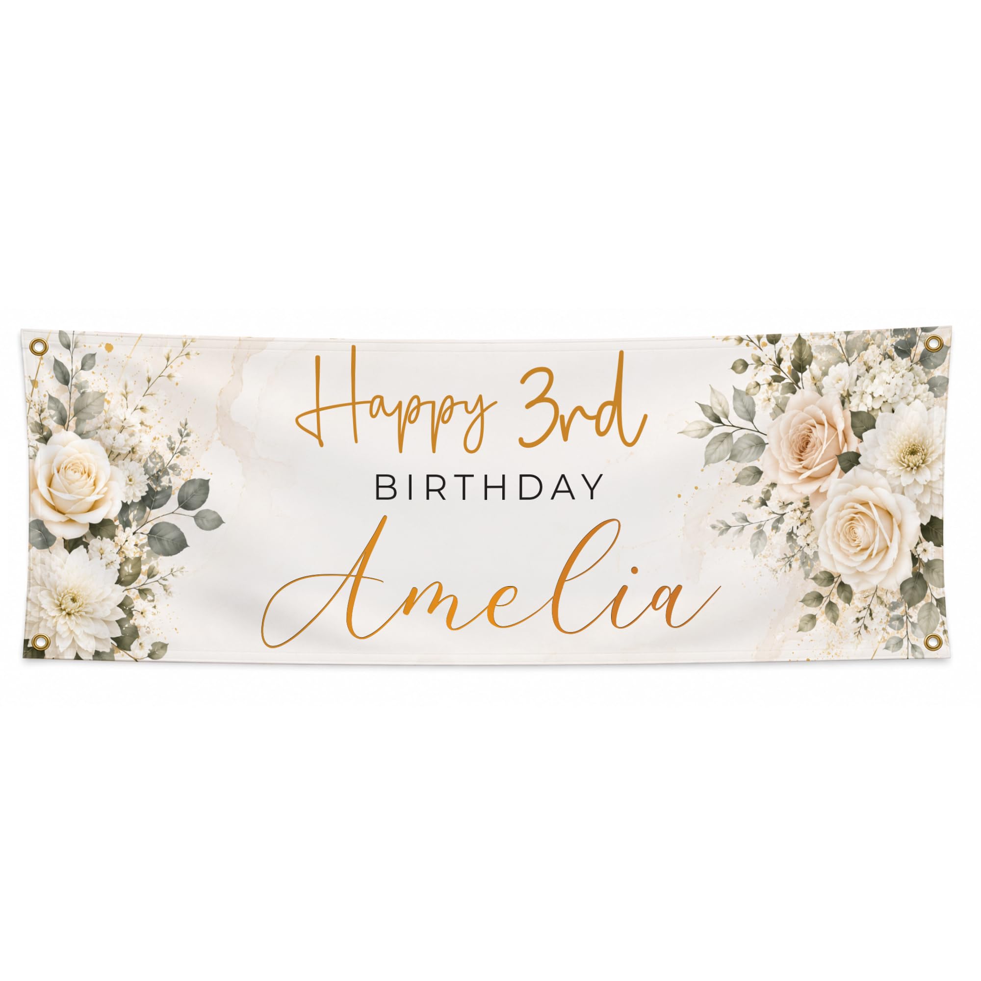 Personalised Birthday Banner with Name & Age, Custom Party Decoration (Ivory Floral)