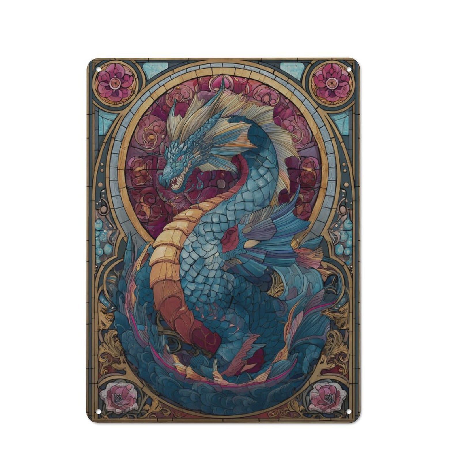 Junmoney Stained Glass Dragon Nostalgic Metal Wall Sign 40X30cm, Classic Pub Decor For Bar, Kitchen, Garage Or Games Room