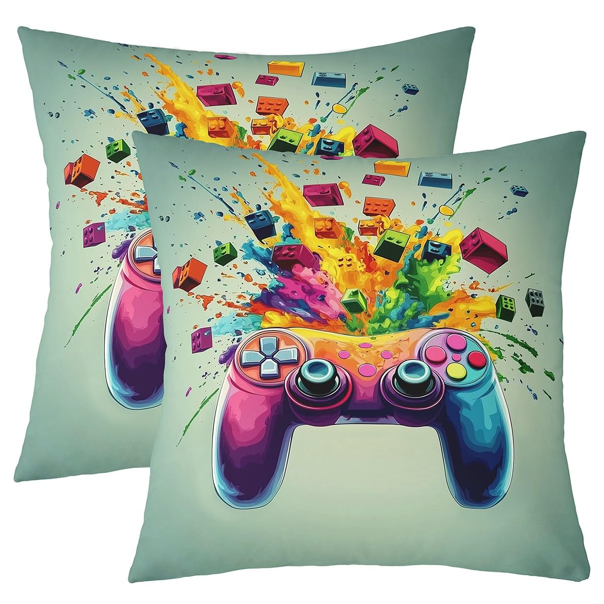Homemissing Gamer Spiel Kissenbezüge 40x40cm Gaming Controller 2er Set Kissenbezüge Cool Neon Gaming Bunt Kissenbezug Junge Gamepad Sofakissen Couchkissen