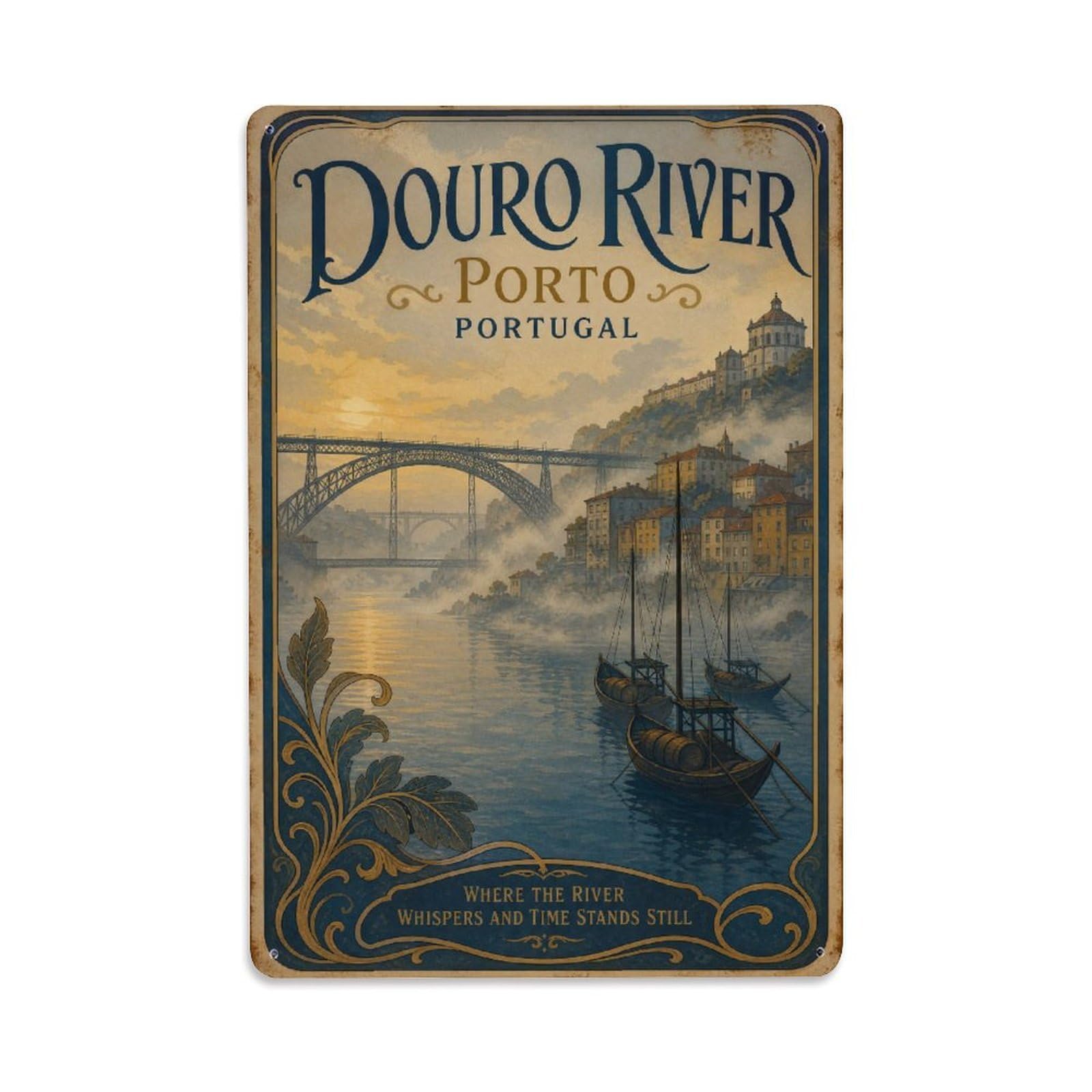 Huiyhb 8X12inch(20X30cm) Vintage Travel Douro River Morning Mist Foggy Atmosphere Portugal Metal Tin Sign