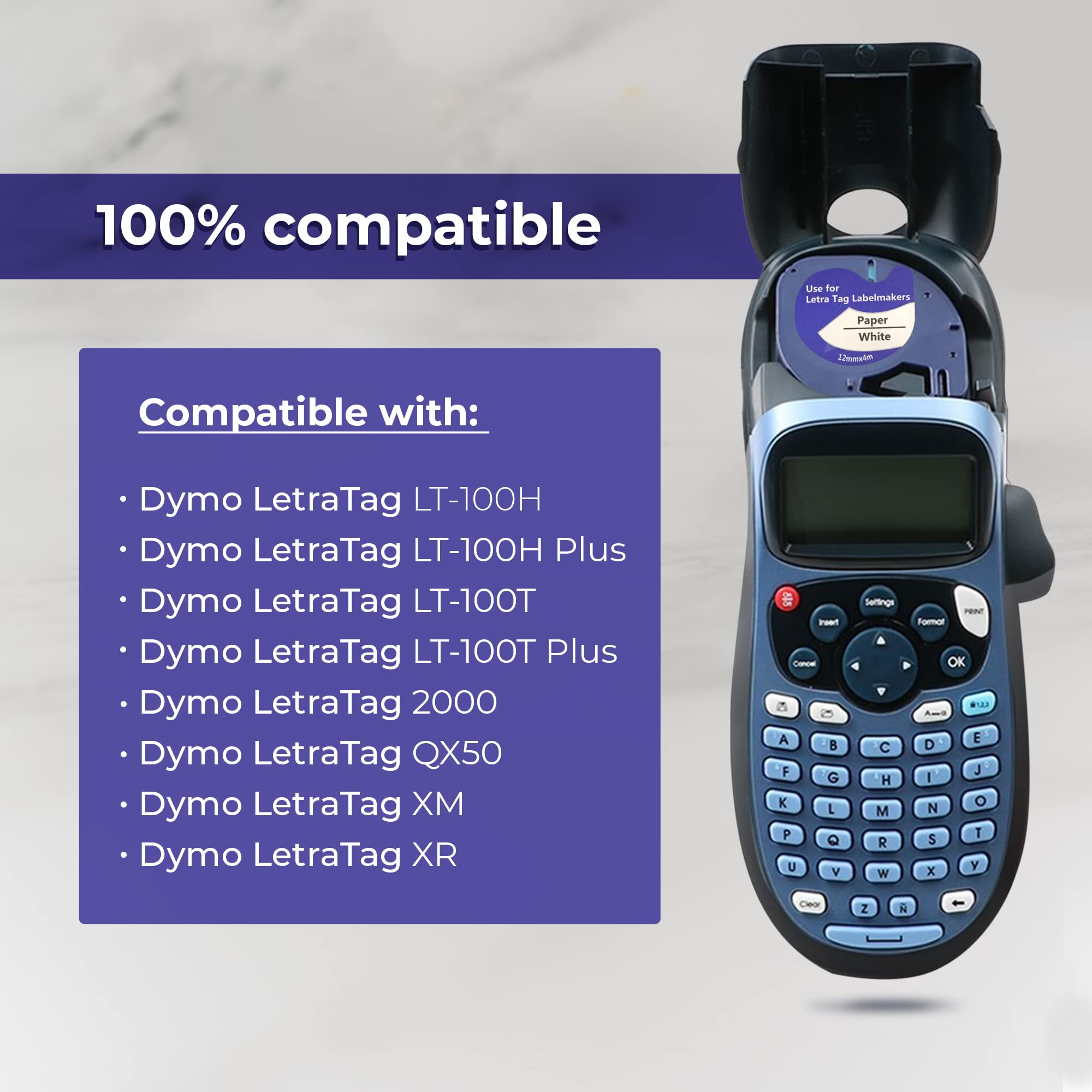 LEYF Labeltape, 24 stuks, compatibel met Dymo 91200, 12 mm x 4 mm labeltape voor Dymo LetraTag LT-100H, LT-100H Plus, LT-100T, LT-100T Plus, 2000, QX50, XM, XR, waterdicht, zwart op wit