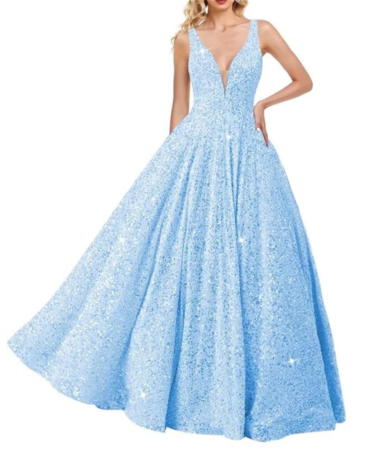KURFACE Glitter Sequin Prom Dresses 2025 V Neck Sleeveless Light Blue Formal Dress Long Celebrity Pageant Dress UK10