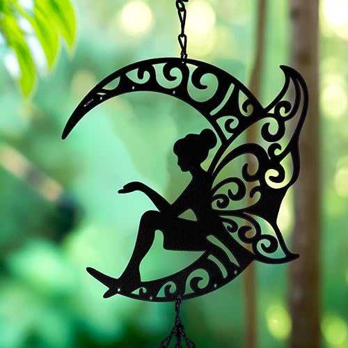 Miniatura 5 de Campanillas de viento Moon Fairy de metal, decoración de exterior para jardín, patio, patio, regalos para mujeres, mamás, amigos (campanillas de