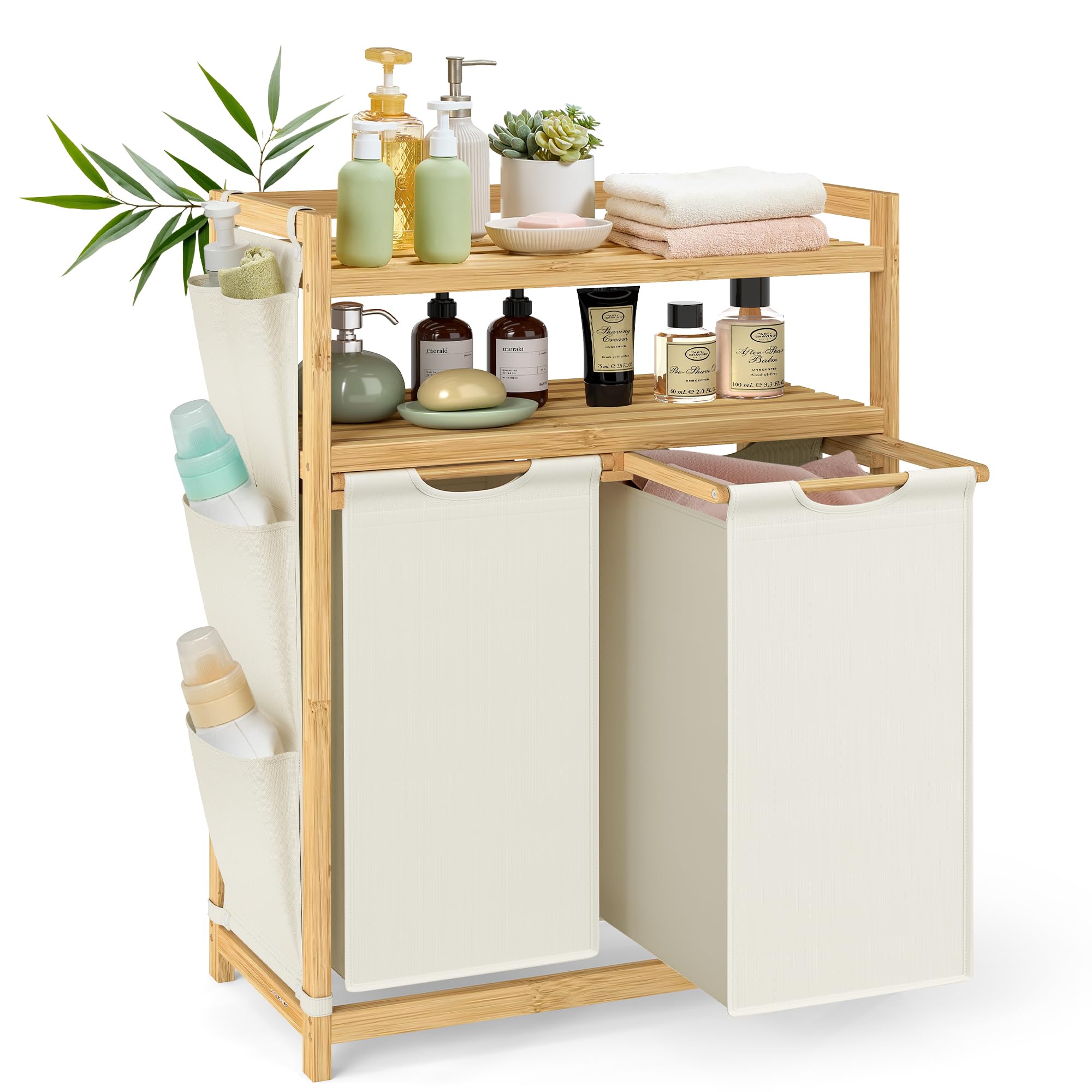SONGMICS Wäschekorb 2 Fächer, Bambus, Wäschesammler 100 L, Wäschesortierer, mit Ablagen, Wäschesack, kleine seitliche Taschen, Wäscheregal, 2 x 50 L, 63 x 33 x 98 cm, cremeweiß RLH200W01