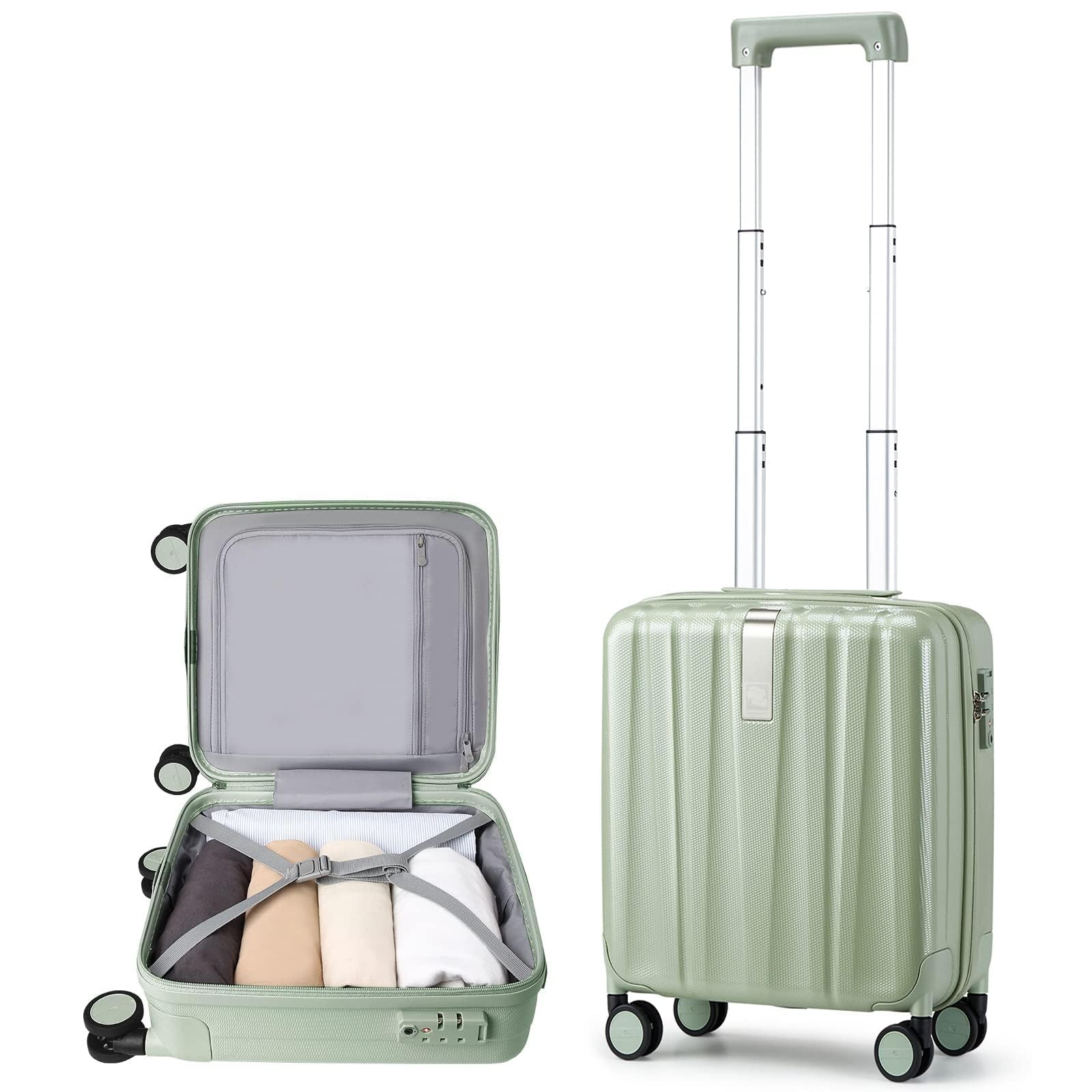 Hanke 14 Inch Underseat Carry On Luggage with Wheels Hard Shell Suitcases Carry On Bag Lightweight Small Mini Suitcase Tsa Luggage for Travel?Bamboo Green?