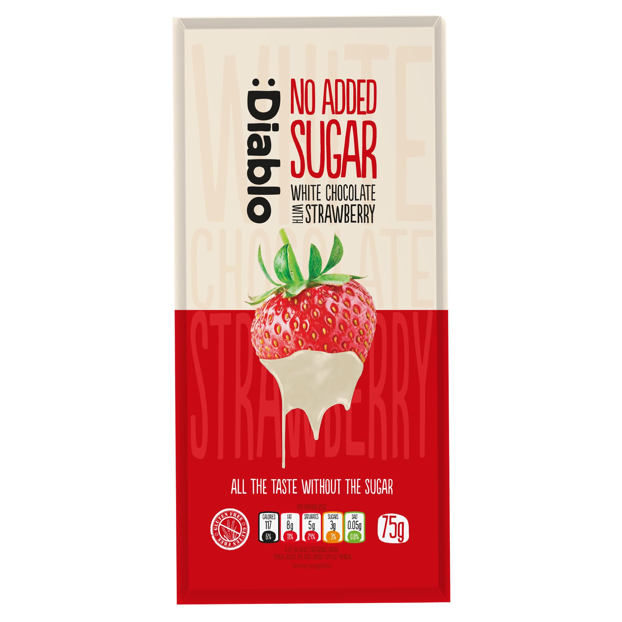 Diablo No Added Sugar White Chocolate with Strawberry – No Added Sugar Chocolate Bar Sweetened with Stevia Gluten Free, Ideal for Any Occasion, Birthdays, Valentines, or Gift Hampers, 75g (Pack of 1)