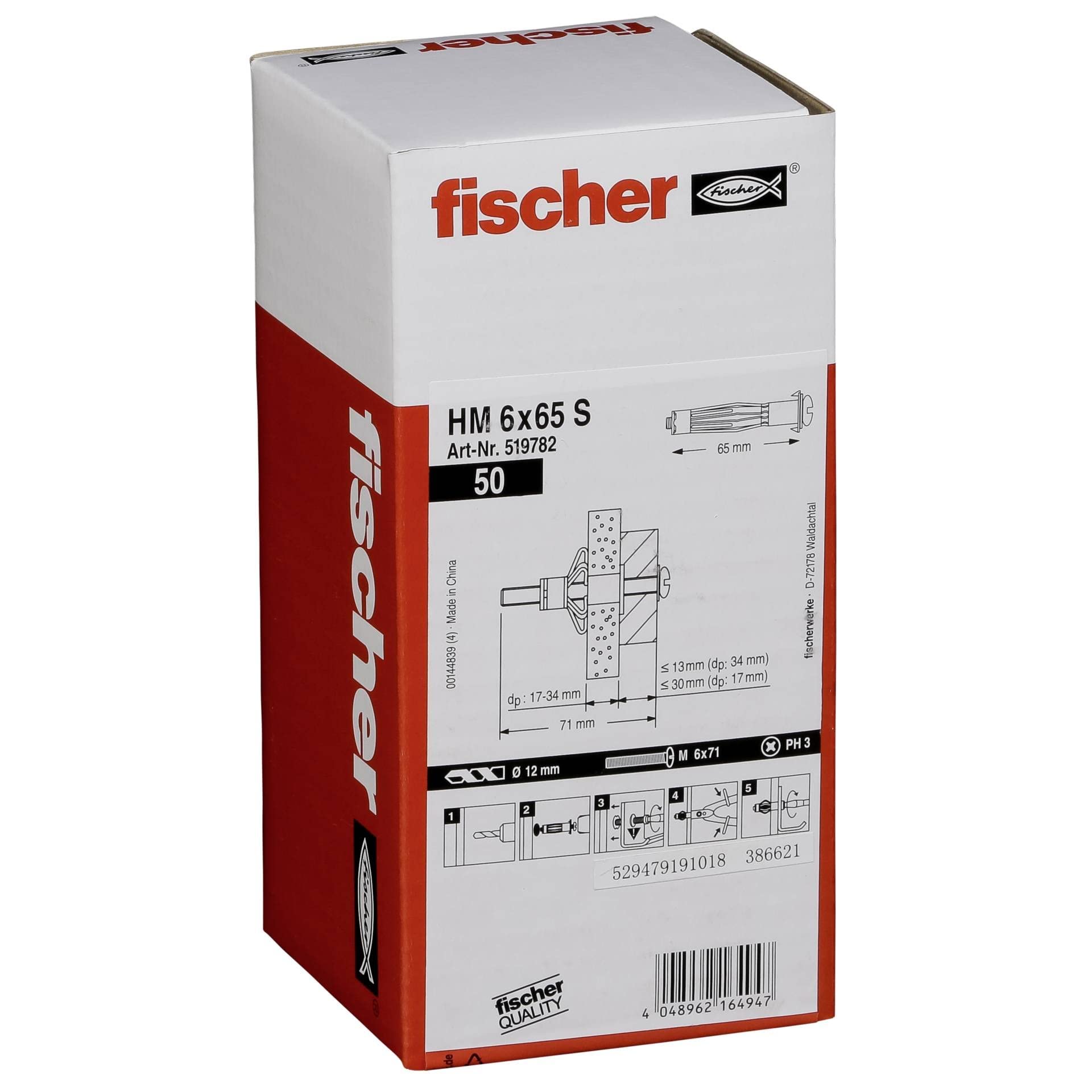 Fischer 519782 HM 6 x 65 S Hohlraumdübel 65mm 12mm 50St.