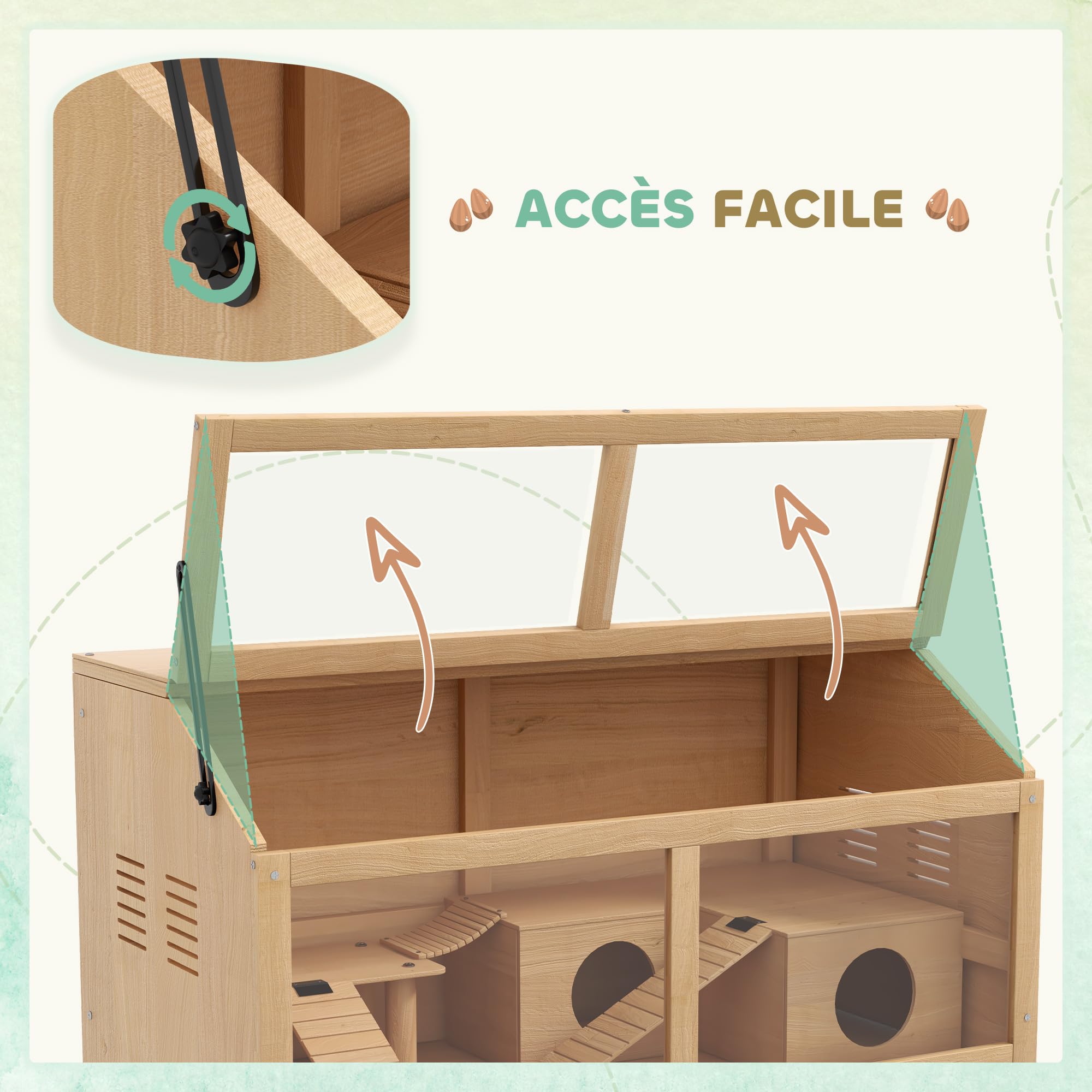 PawHut Cage Hamster en Bois avec Acrylique, 85x45x44cm - Habitat Grand pour Rongeur avec Ventilation, Couvercle ouvrant et Accessoires - Terrarium pour gerbilles et Souris, Effet Bois Naturel