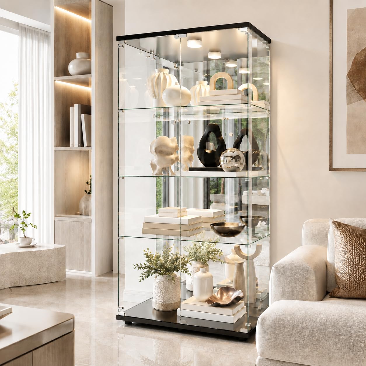 Vitrina de cristal con LED, vitrina de coleccionista de pie con 2 puertas de cristal con cerradura y 4 estantes, vitrina transparente, para salón, oficina, coleccionables, libros, vino (negro)