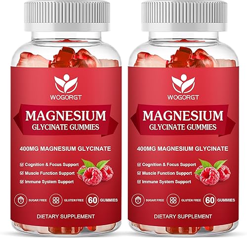 Miniatura 1 de Gomitas de glicinato de magnesio, 400 mg de glicinato de magnesio con vitamina D, B6 y CoQ10, suplemento de magnesio para relajación y cognición,
