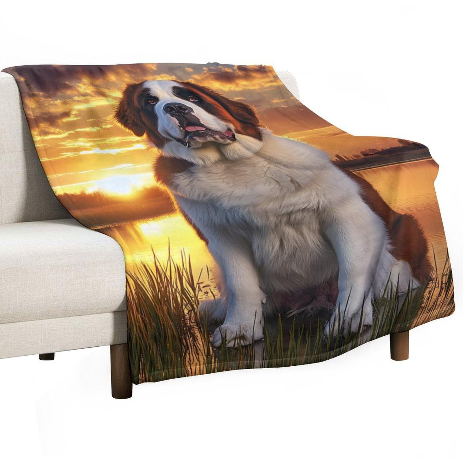 Cgsbngha Style Saint Bernard Dog Sunset Flannel Fleece Blanket Lightweight Soft Throw Blankets For Sofa Couch Bed Chair
