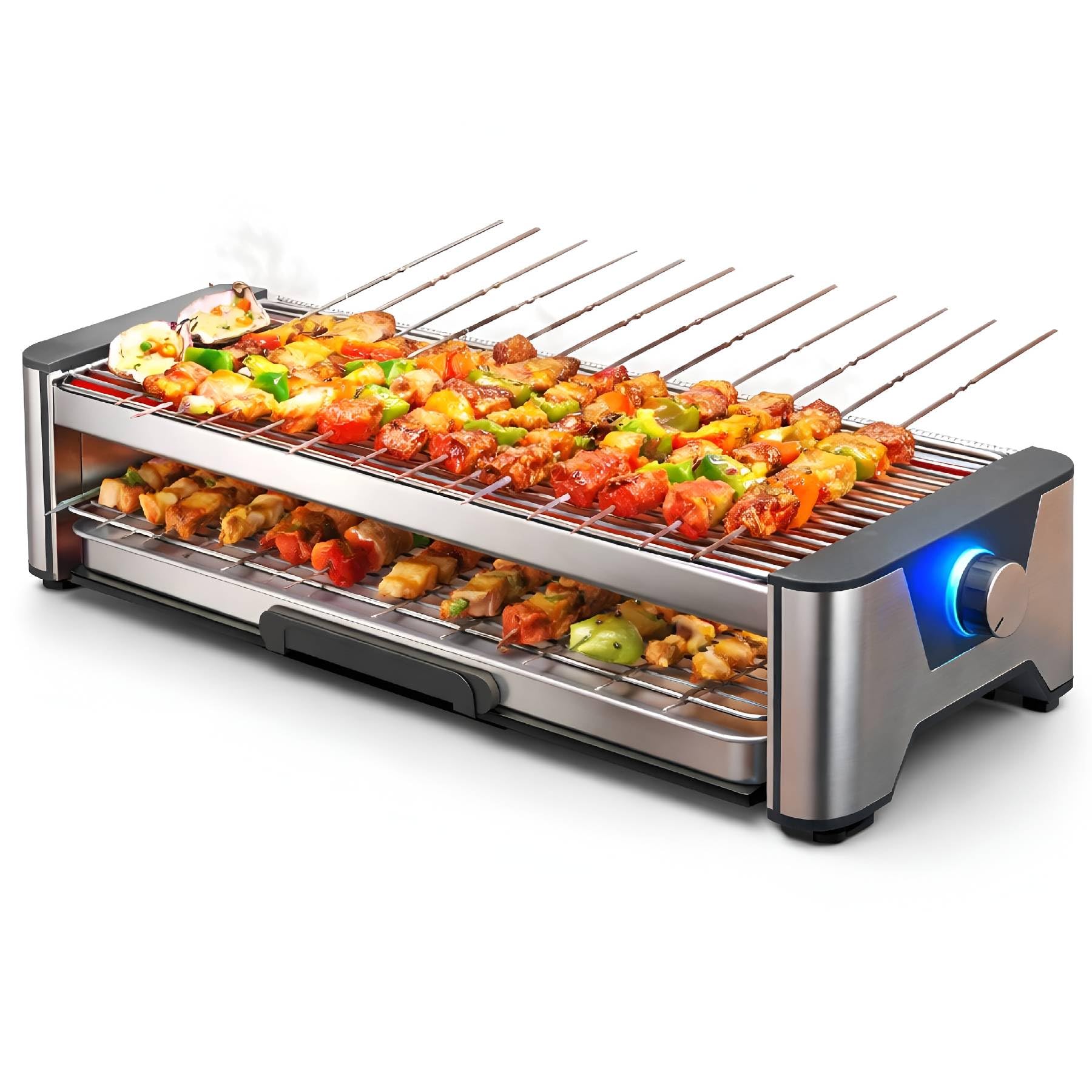 2200W Electric BBQ Grill, Dual-Layer Smokeless Barbecue Grill with Adjustable Temperature Control, Stainless Steel, Large Capacity, Indoor & Outdoor Use, Easy to Clean