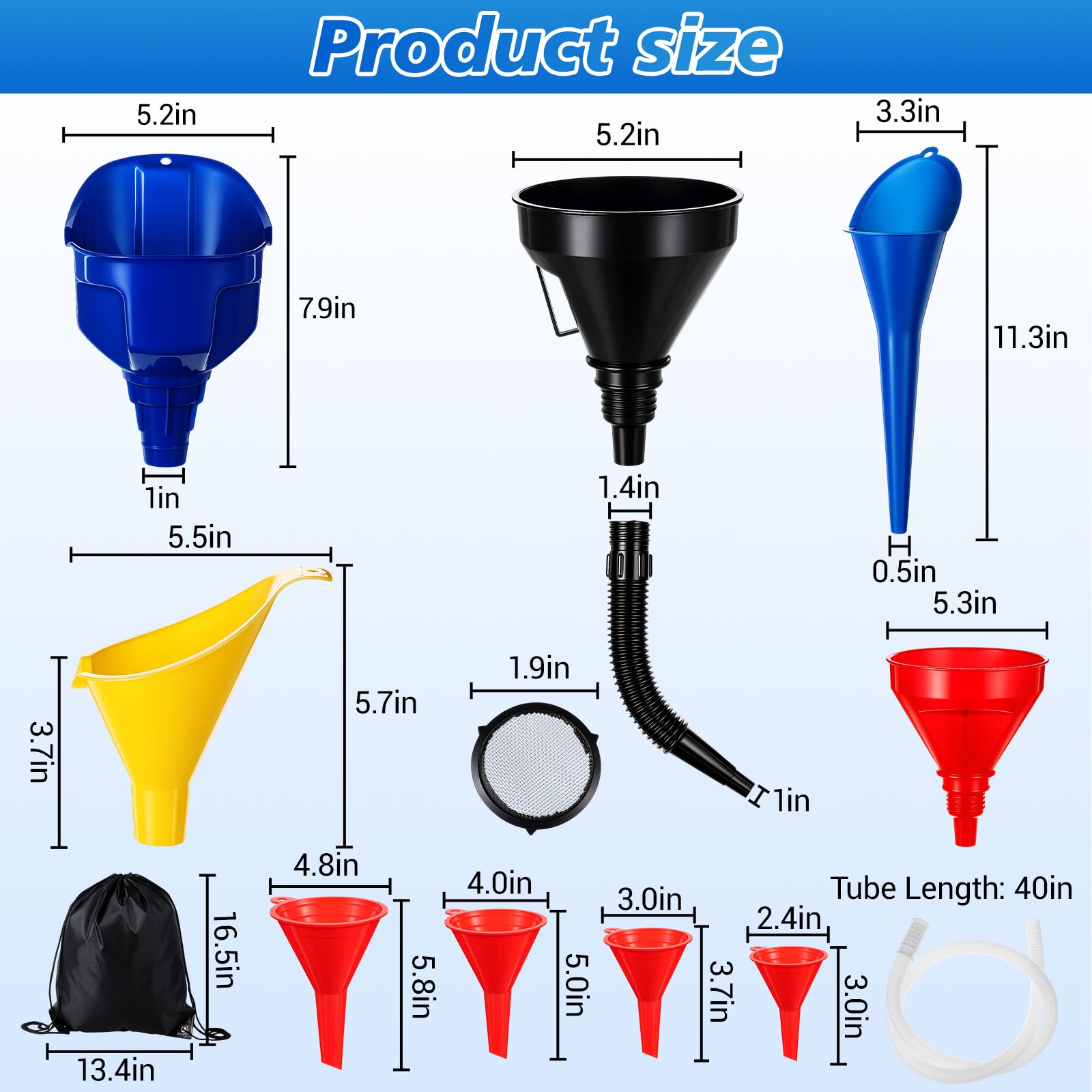 Maxdot Set di 11 imbuto per olio con borsa portaoggetti, imbuto flessibile in plastica a bocca larga per carburante con tubo lungo e filtro a collo lungo, salva-fuoriuscite, per uso automobilistico e