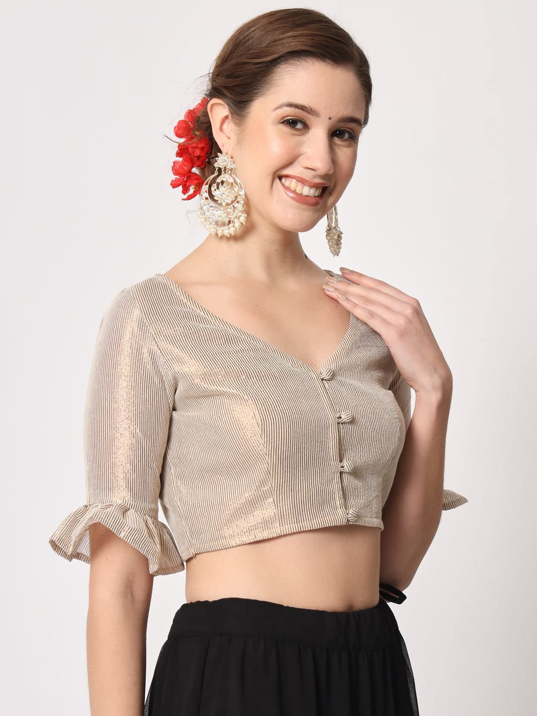 studio rasa Women's Silk Shimmer Stripe Button Down Fitted Crop Top for Festive Wedding Party (TPWC12312XL_Gold_X-Large) 1