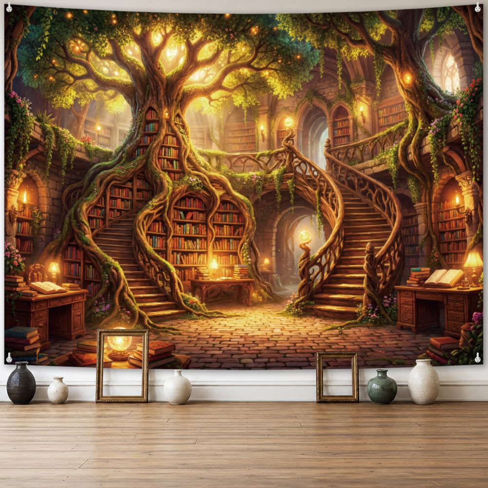 arricraft 1pc Polyester Backdrop Tapestries, Fantasy Forest Library Patterns Photography Background Decorative Tapestry and Wall Hanging Art for Party Porch Home Decor 78.74x59.05 Inches