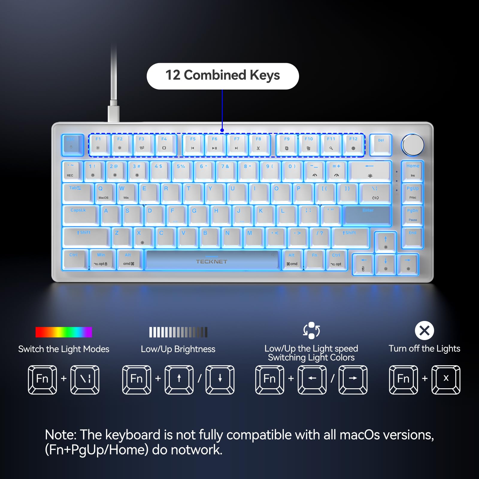 TECKNET Wired Gaming Keyboard, RGB Backlit Keyboards with Gasket Structure, USB C Mechanical Keyboard has 20 Lighting Effects & Multimedia Control Knob, Computer Keyboards for PC Laptop Mac Gamer — view 3