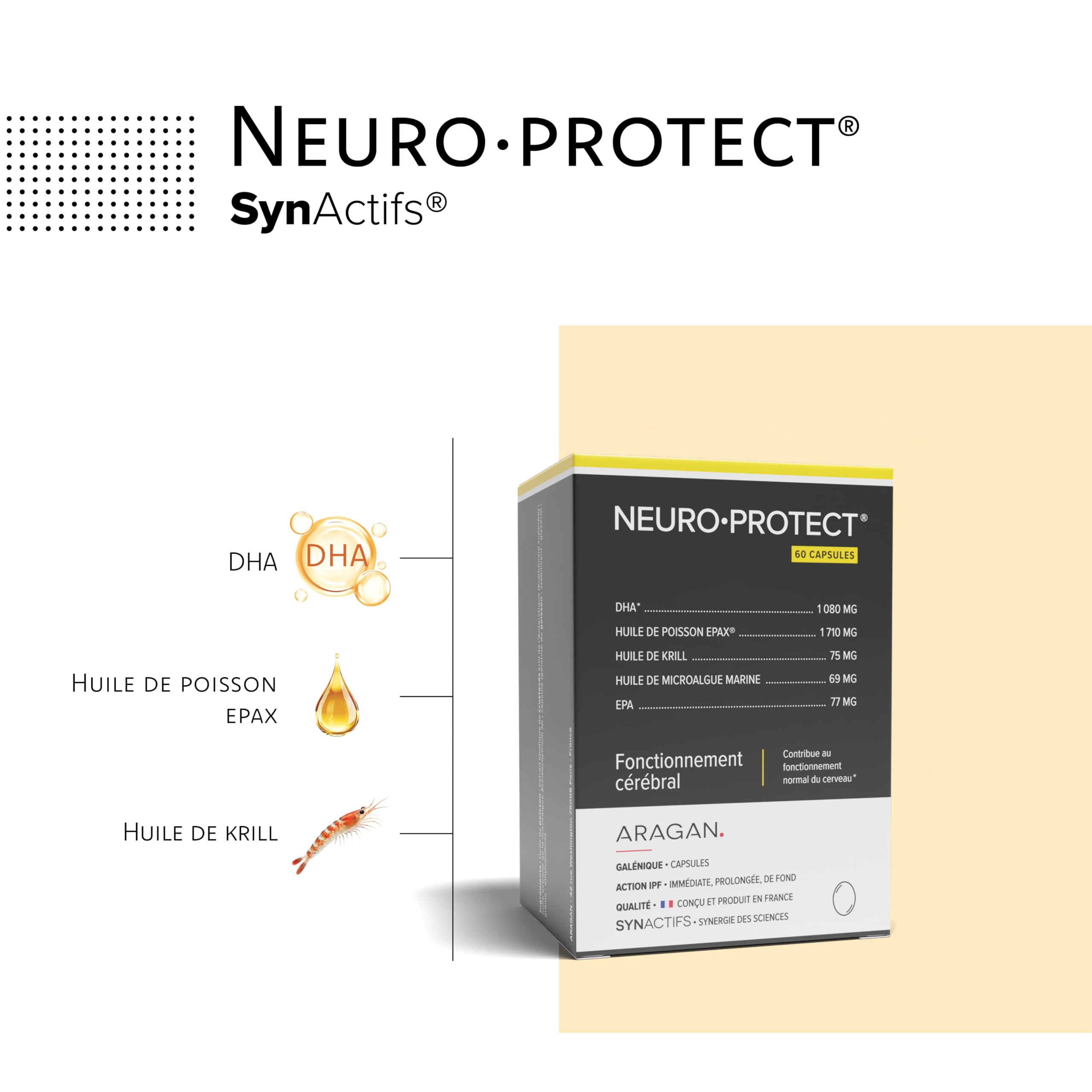 NeuroProtect - Riche en Omega 3 - Complement Alimentaire Mémoire, Fonctionnement Cérébral - Huile de Poisson & Huile de Krill - Aragan - 60 Capsules