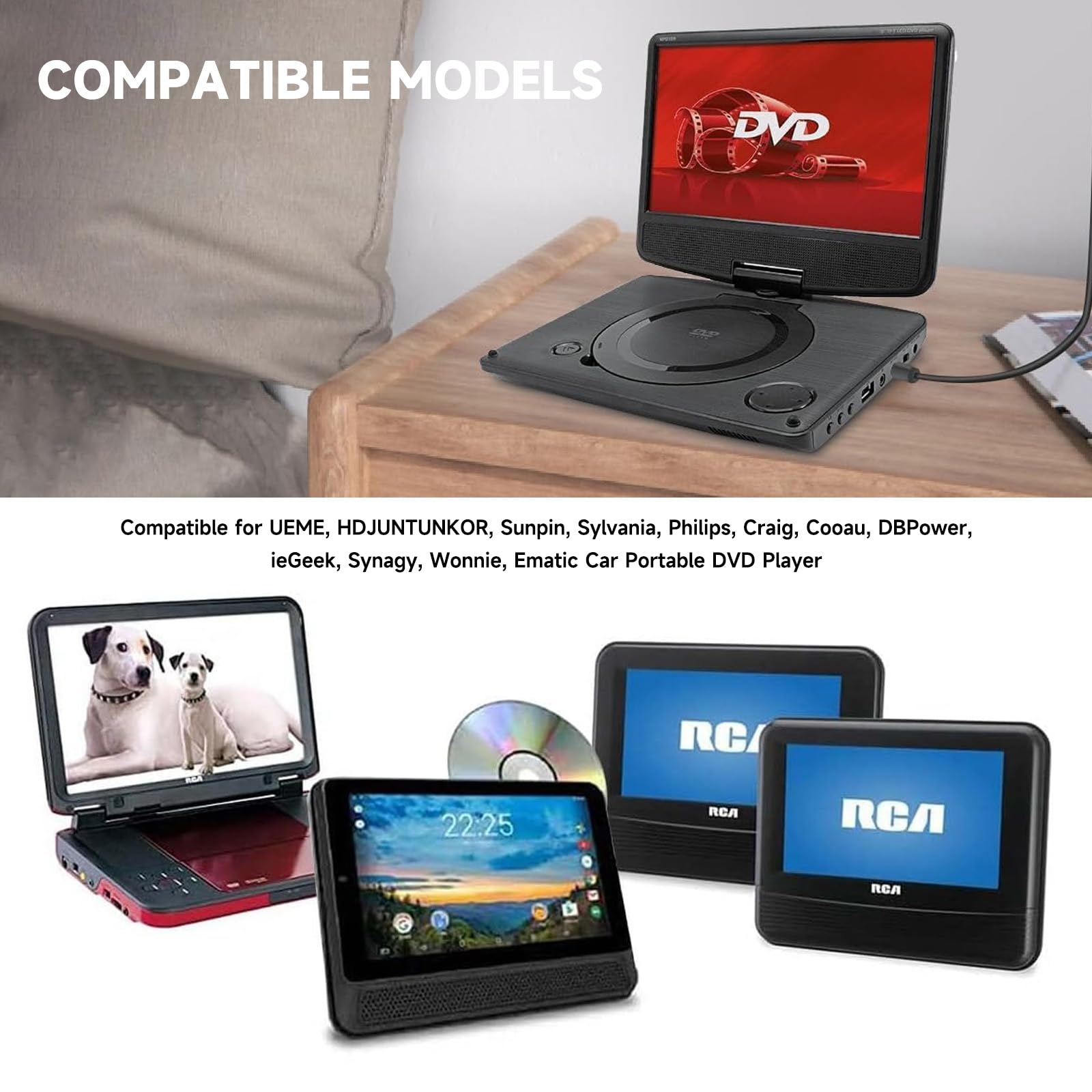 ycwwzzh Adattatore di alimentazione per lettore DVD portatile 12 V CA/CC, compatibile con UEME, HDJUNTUNKOR, Sunpin, Sylvania, Philips, Craig, Cooau, DBPower, ieGeek, Synagy, Wonnie, Ematic
