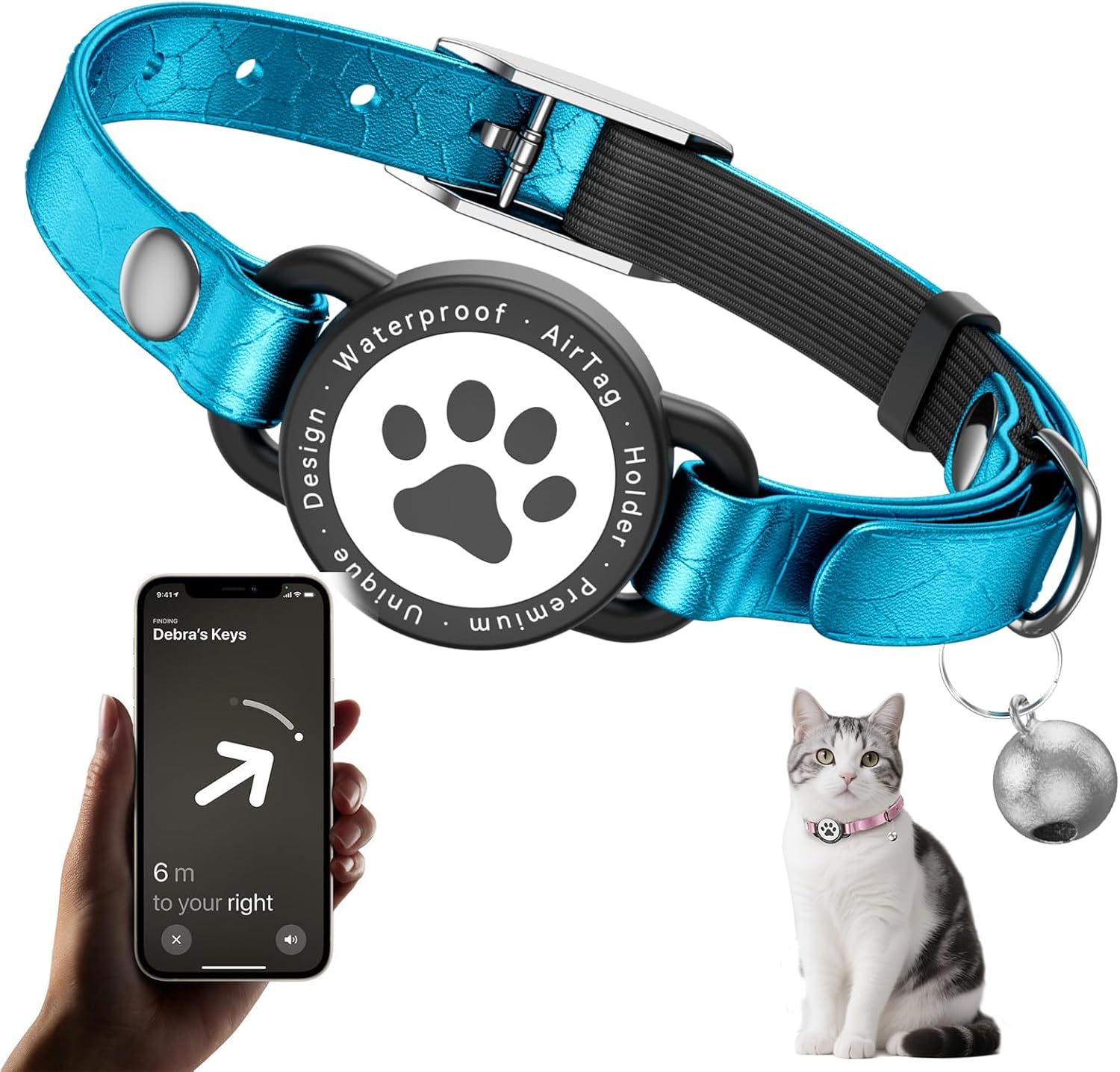 Leather Airtag Cat Collar – Waterproof Cat Collar AirTag Holder with Metal Buckle | Comfortable, Glossy Cats Tracker Collars with Bell for Girl Boy Cats, Kittens, and Puppies (Blue)