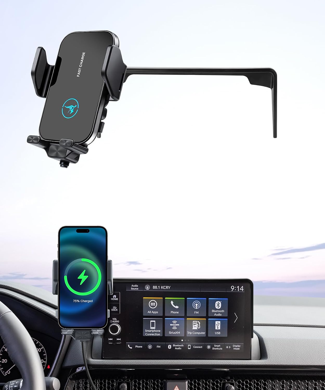 15W Wireless Fast Charger for Honda HRV HR-V/CRV CR-V Hybrid 2023-2026 Accessories 7/9 inch Screen Fixed Clip, Interior Decoration Mobile Phone Mount, 360° Rotation