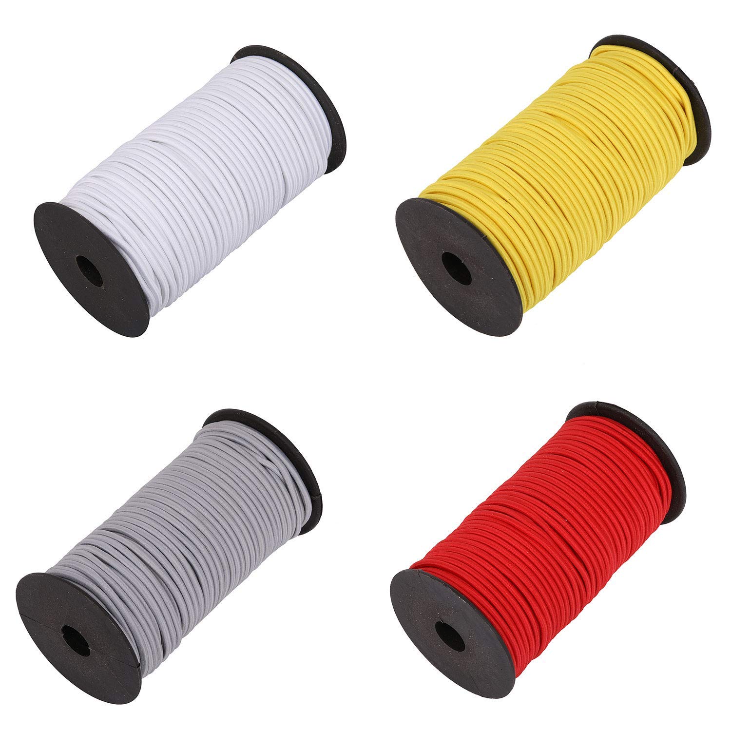 WedDecor 4mm Wide Bungee Rope Shock Cord, Stretchy Strap, Round Elastic String for Sewing, Canopy Ties, Kayaks, Backpacks, DIY Craft Projects, Tarpaulins, Grey + White + Red + Yellow, 200 Metres